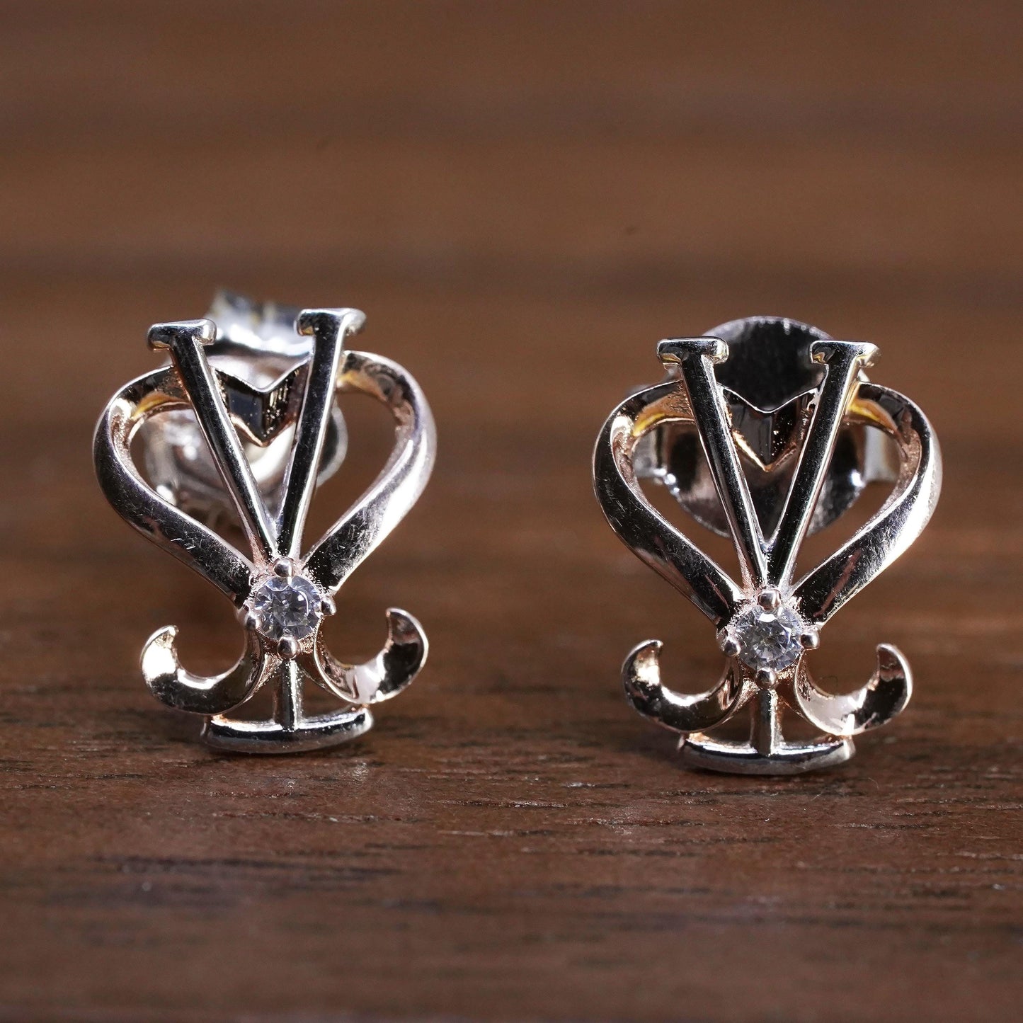 Vintage Two-Tone Sterling Silver Heart V Stud Earrings with CZ