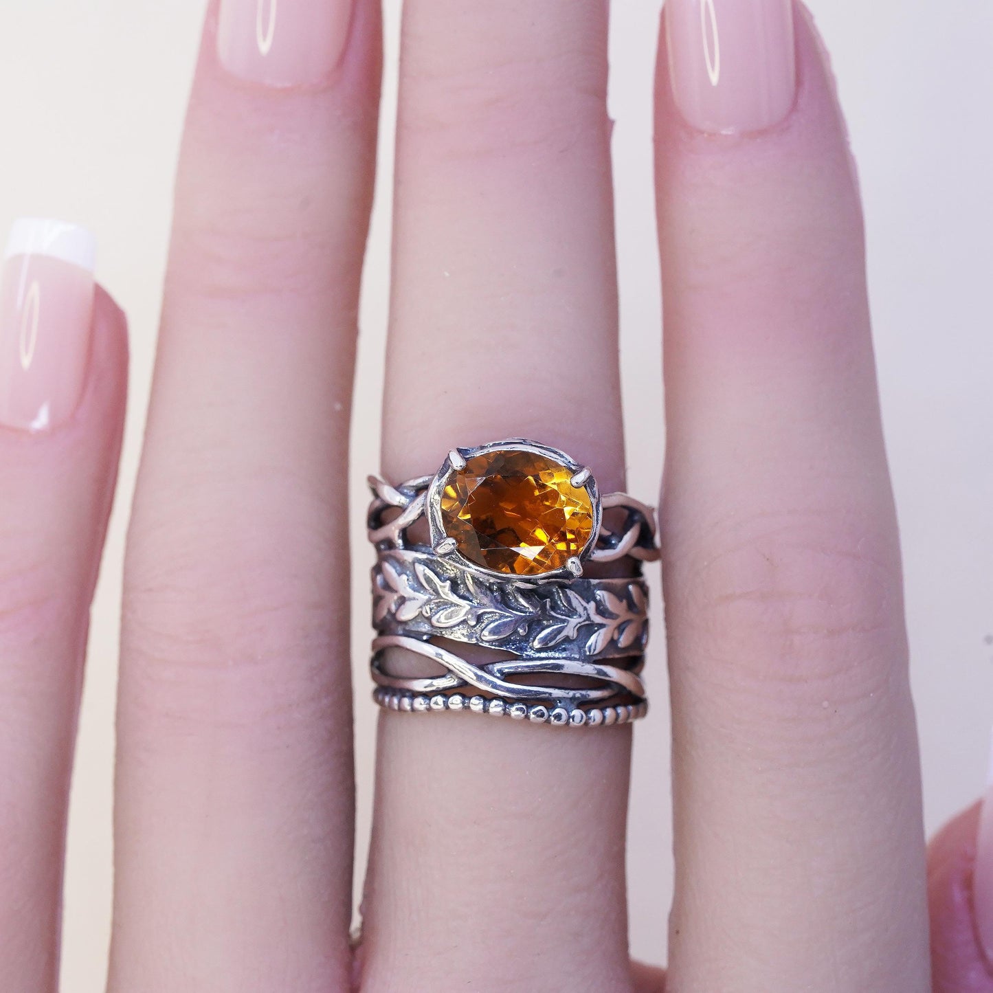 Size 6, VTG Israel PZ Israel Sterling Silver Oval Citrine Ring, Leaf Vine Band