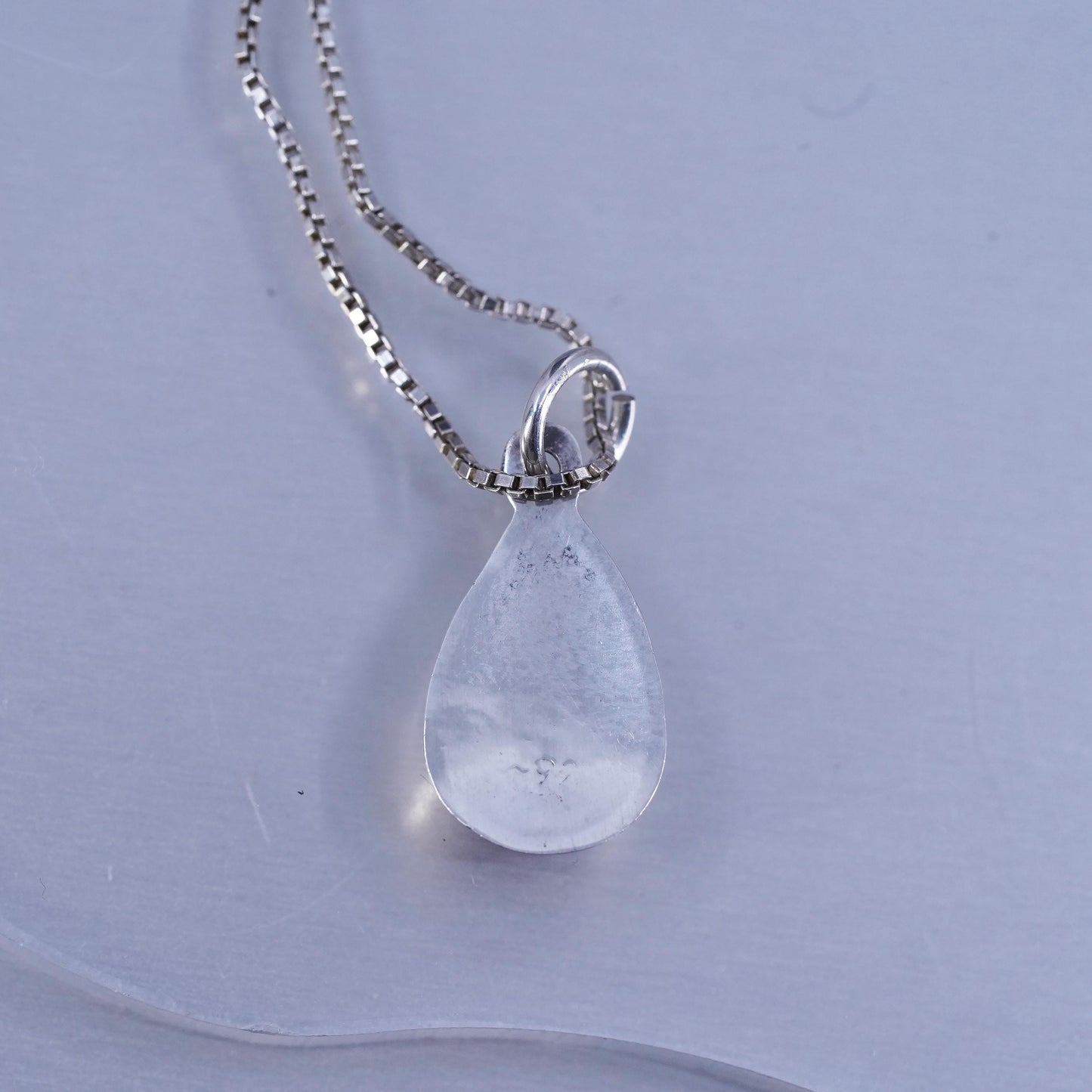 18”, Sterling 925 silver box chain necklace with teardrop pink MOP pendant