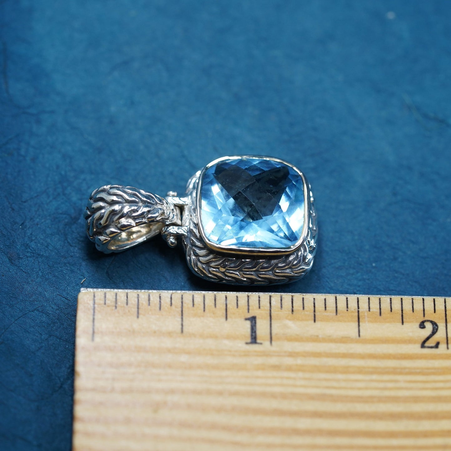 Vintage sterling 925 silver square pendant with checker cut blue topaz