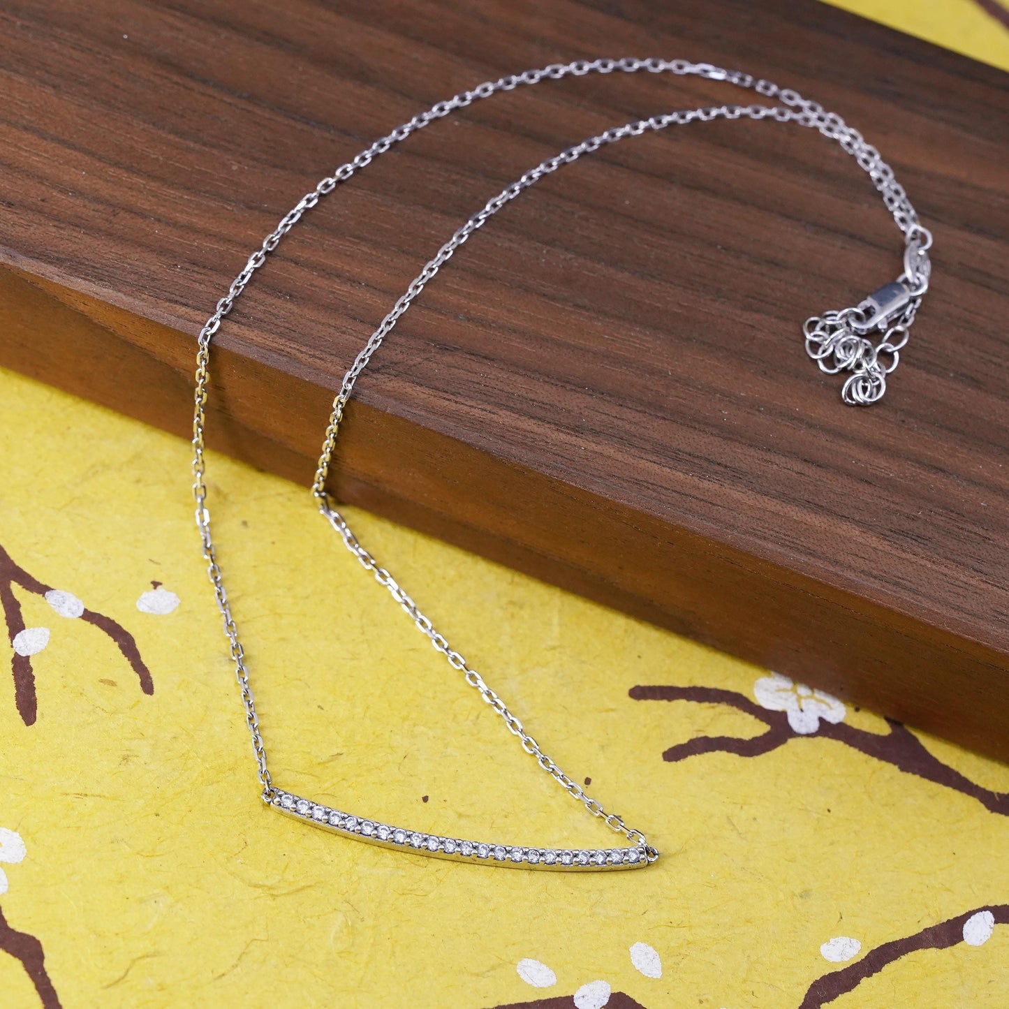 14+2", VTG Italian sterling silver necklace, 925 circle chain cz bar pendant