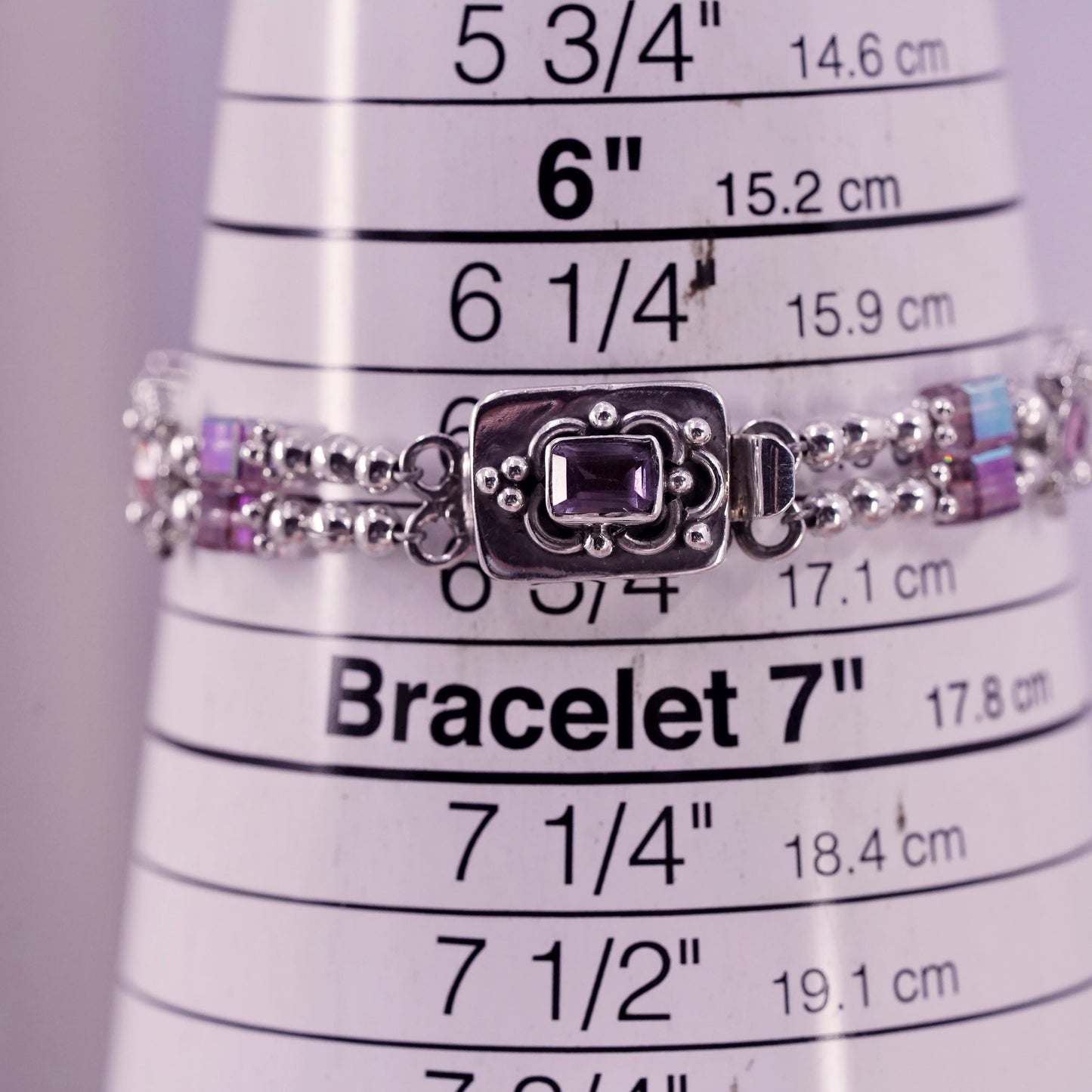7.5", VTG Sterling 925 silver handmade tennis bracelet amethyst crystal beads