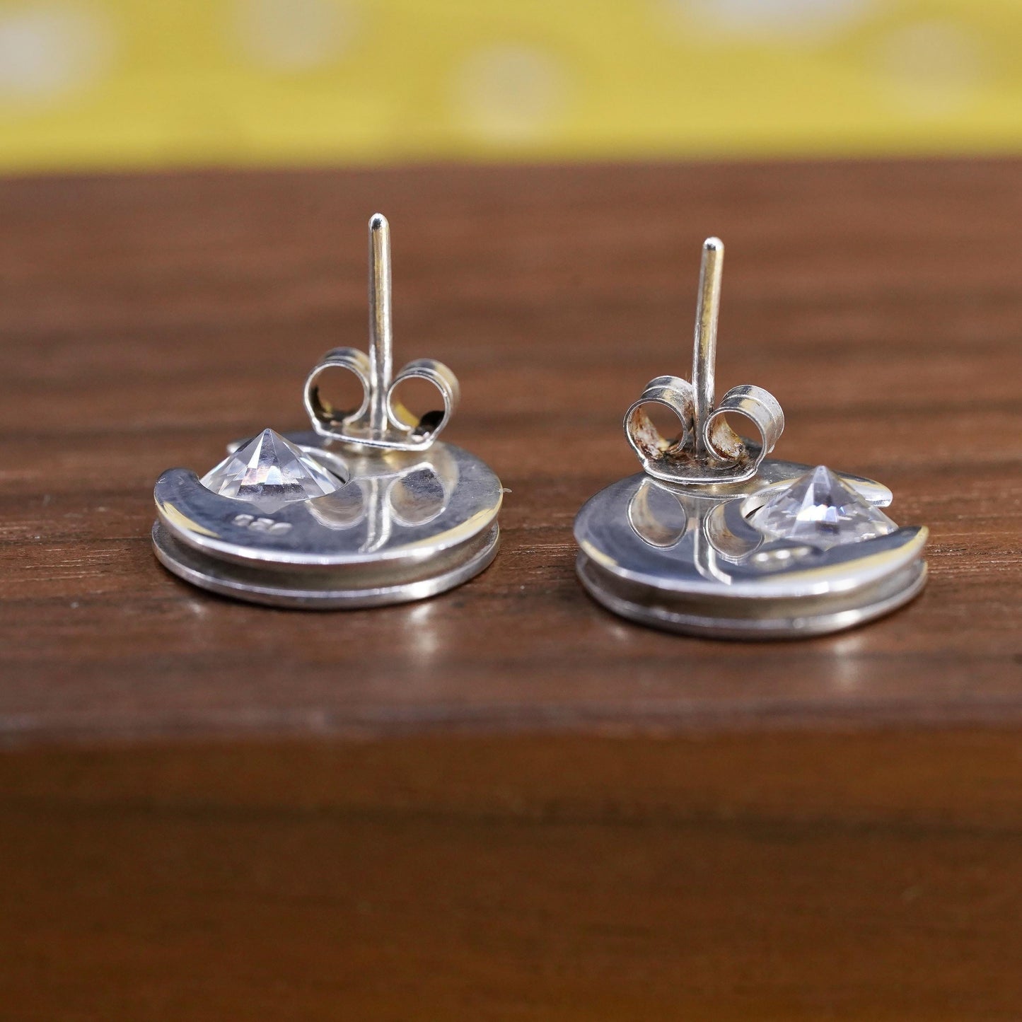 vintage Sterling silver handmade studs, circle moon earrings cz