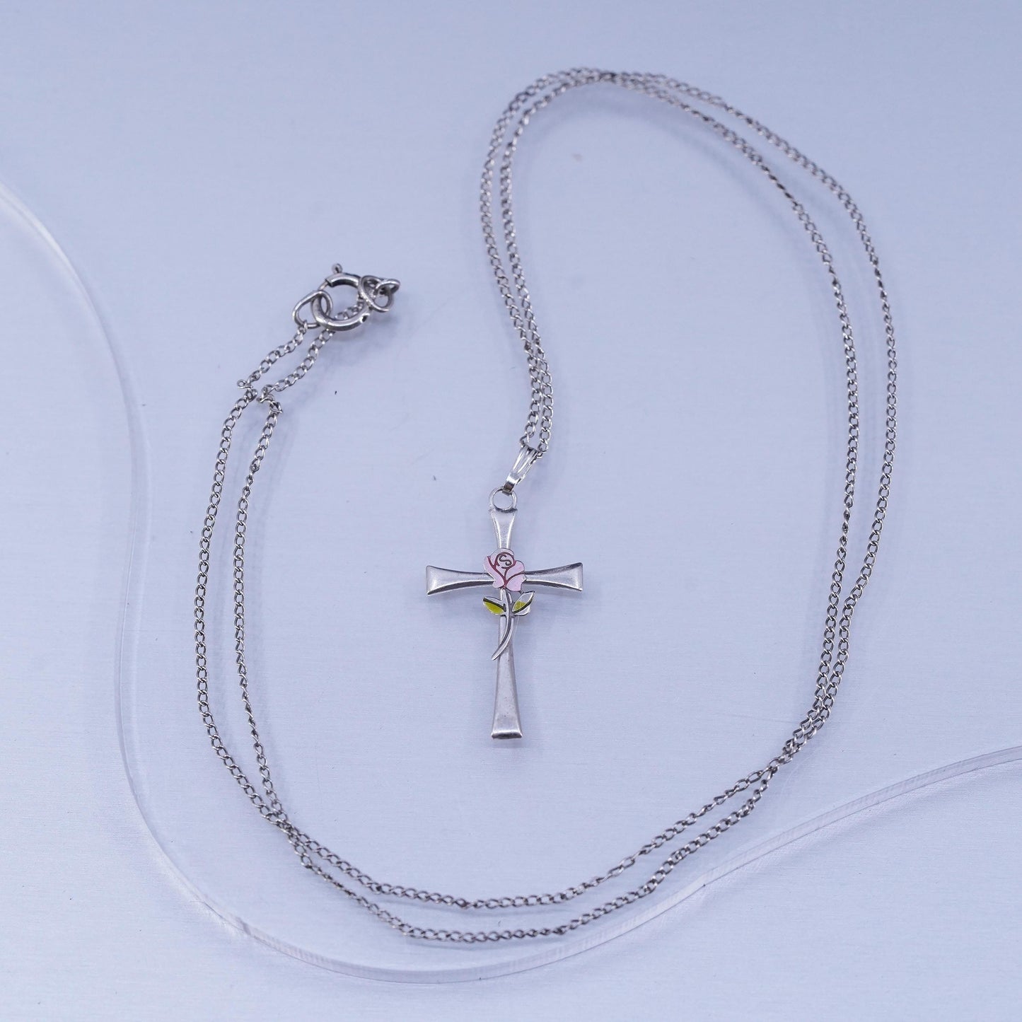 18”, vintage Sterling 925 silver circle necklace with cross pendant rose flower