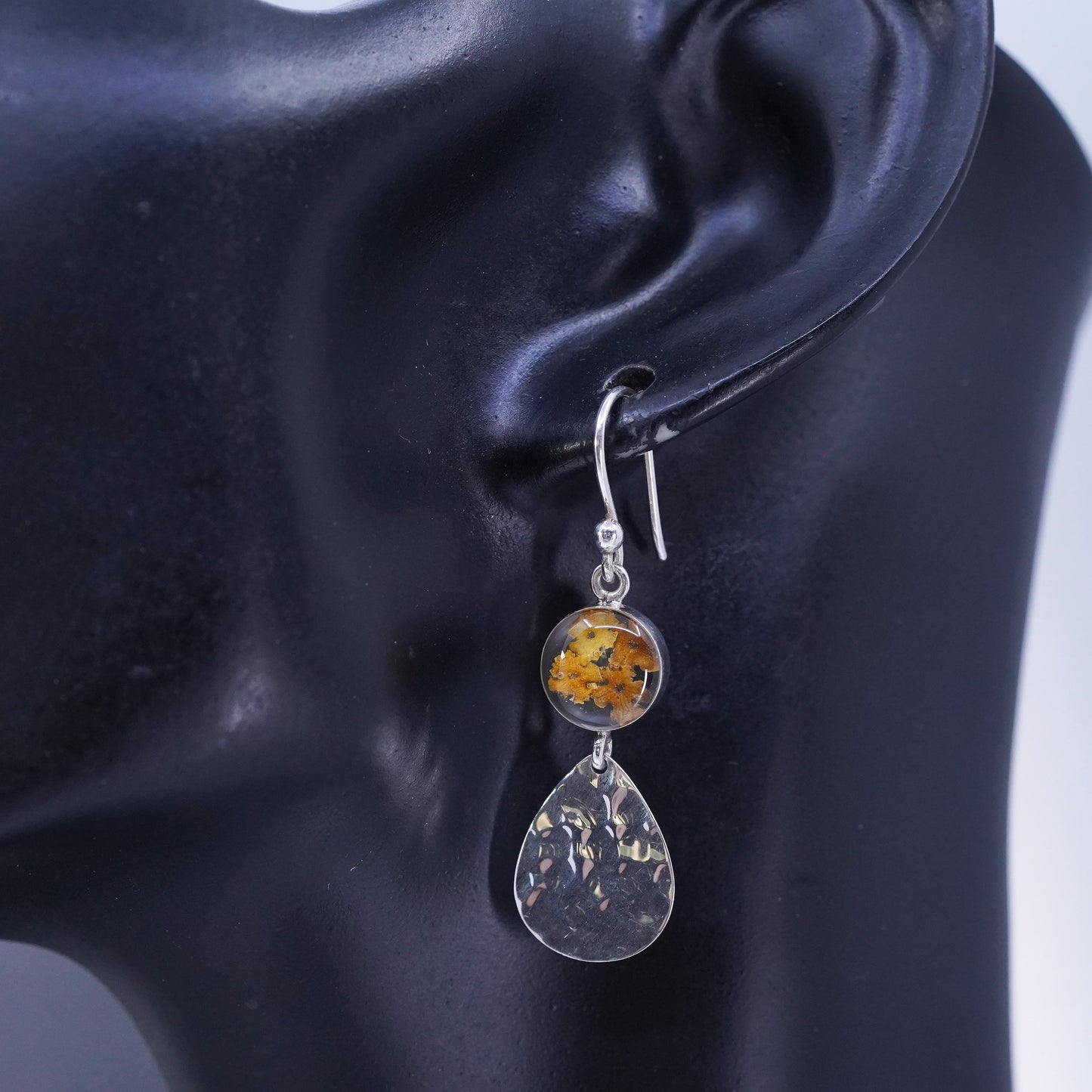 Vintage Sterling 925 silver handmade teardrop earrings with resin flower bead