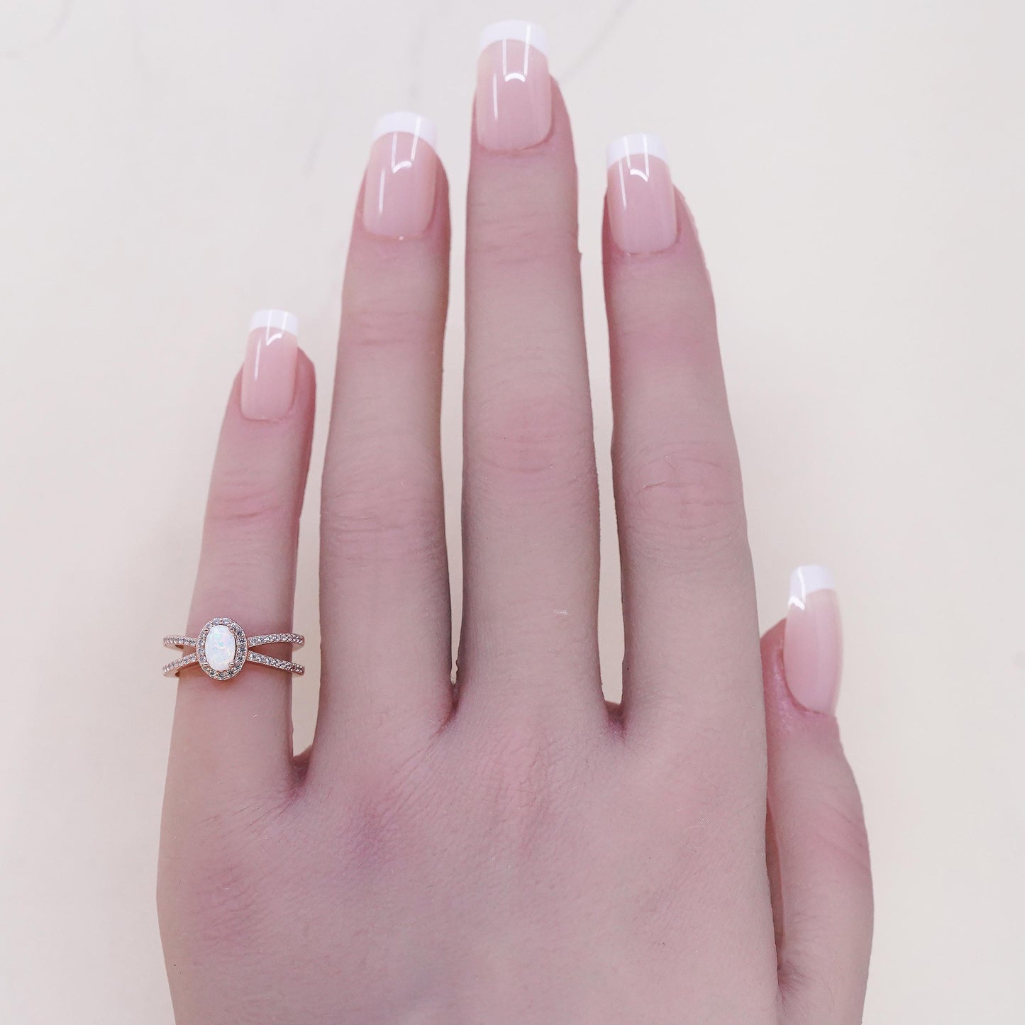 Size 4, vintage rose gold plated Sterling 925 silver ring with round opal cz