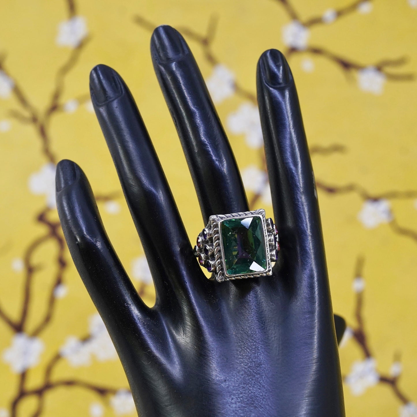 Size 10, Sterling 925 silver ring square peridot amethyst peridot citrine