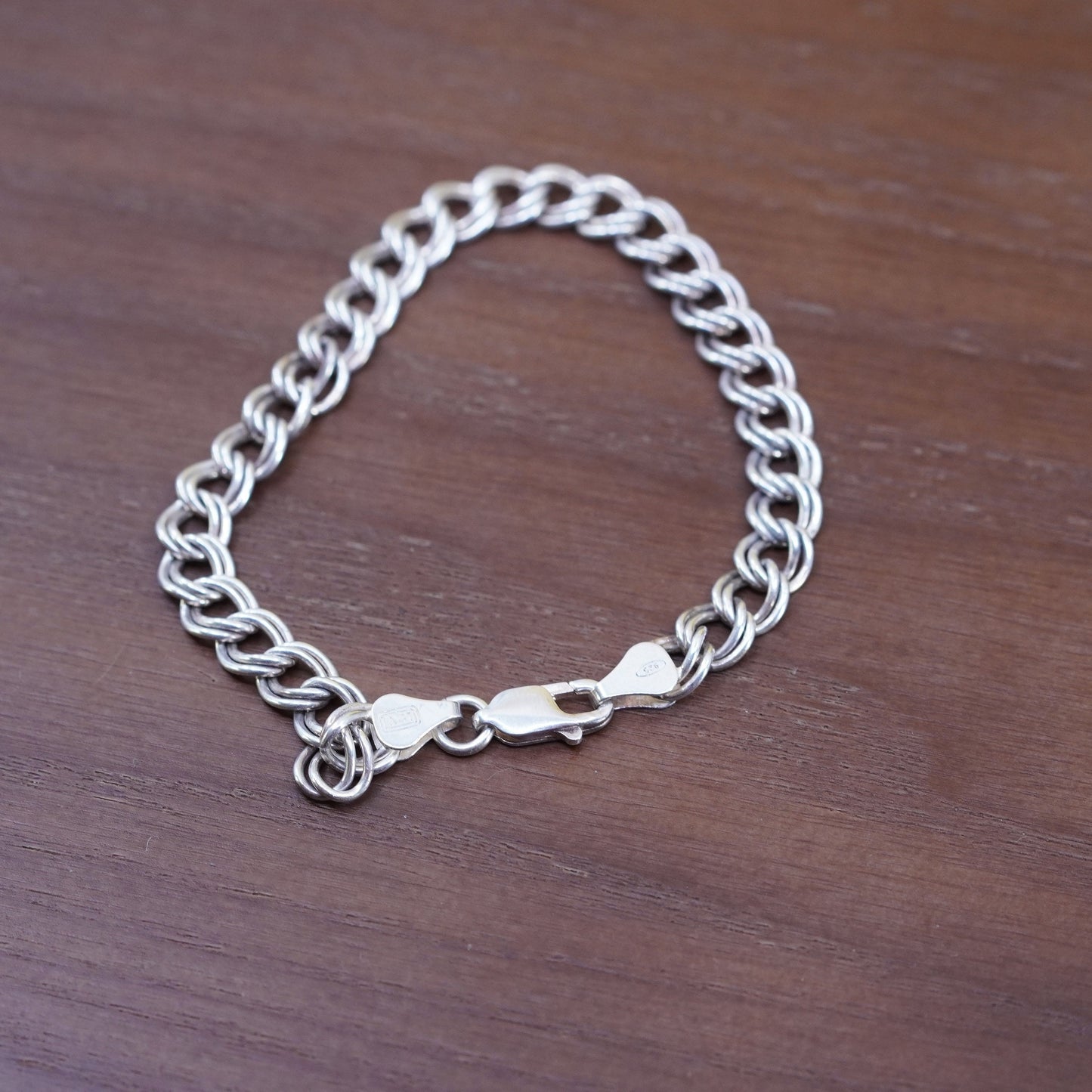 7.75”, vintage Sterling silver handmade double curb bracelet, 925 charm chain
