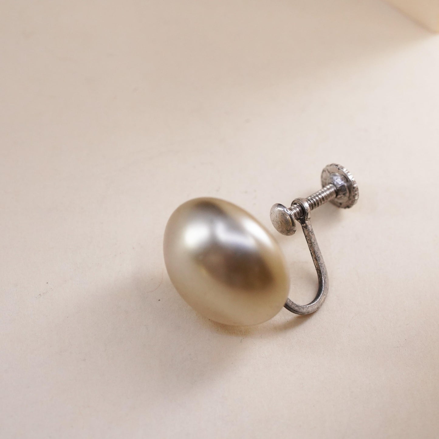 Vintage sterling silver handmade single earring, 925 screw back with faux pearl