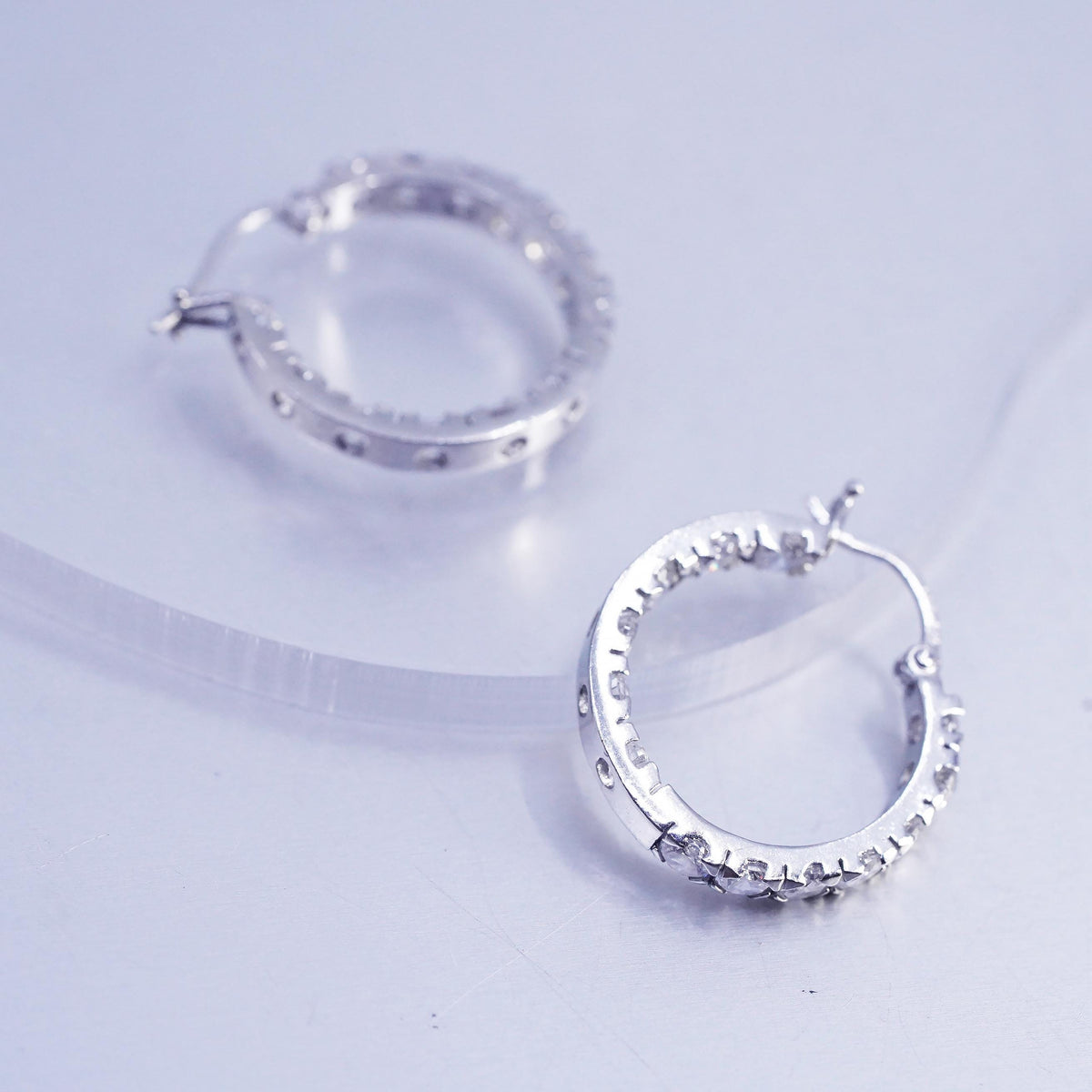 0.75", vintage Sterling silver handmade earrings, 925 Huggie hoops cluster CZ