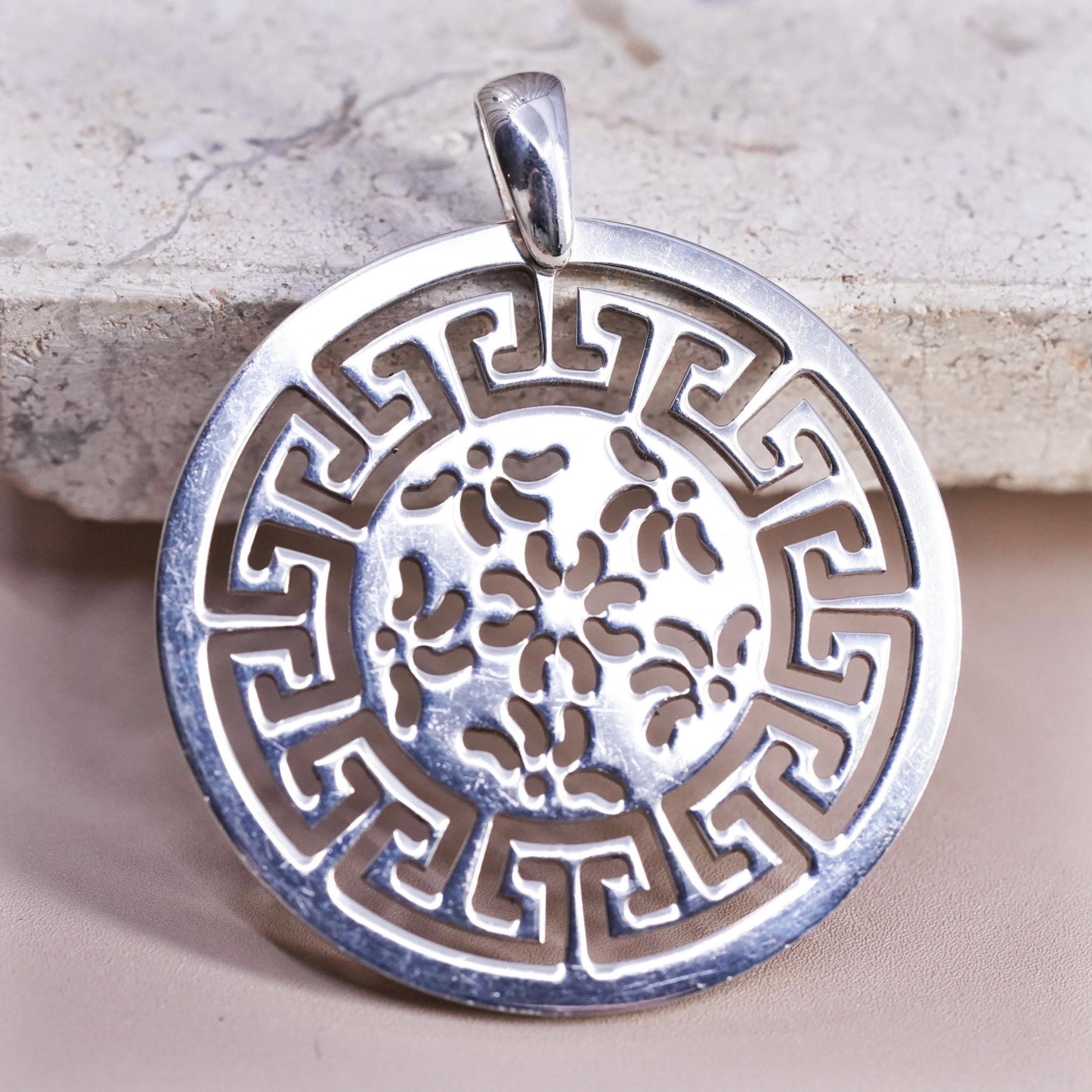 Vintage Italian M Sterling silver handmade pendant, 925 Greek key floral circle