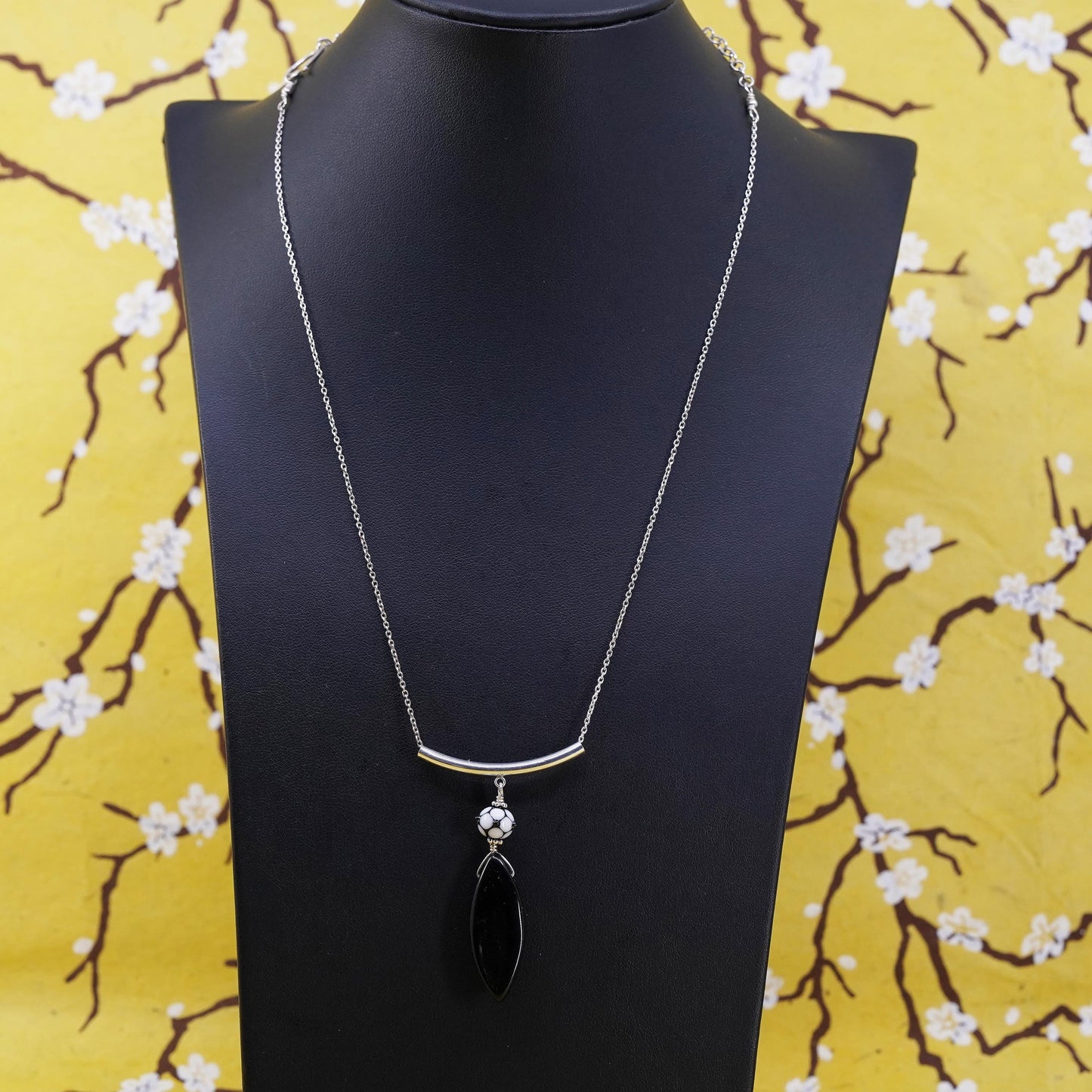 14+5”, vintage sterling silver necklace, 925 circle chain with obsidian pendant