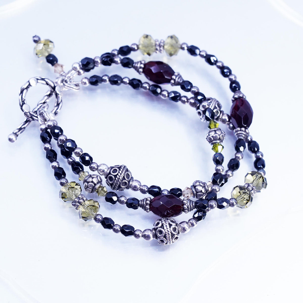 6.5”, VTG Sterling 925 silver multi strands bracelet citrine garnet onyx beads