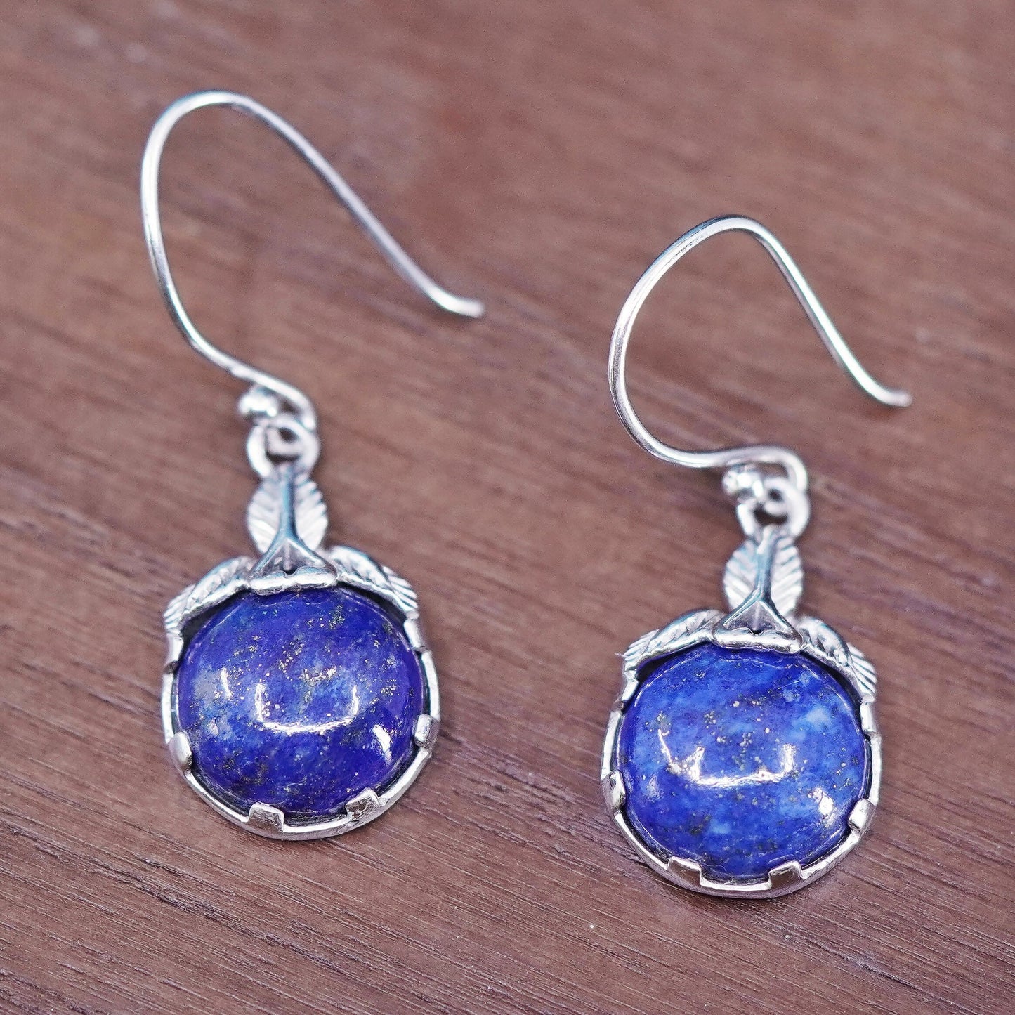 Vintage sterling 925 silver leafy earrings with lapis lazuli bead