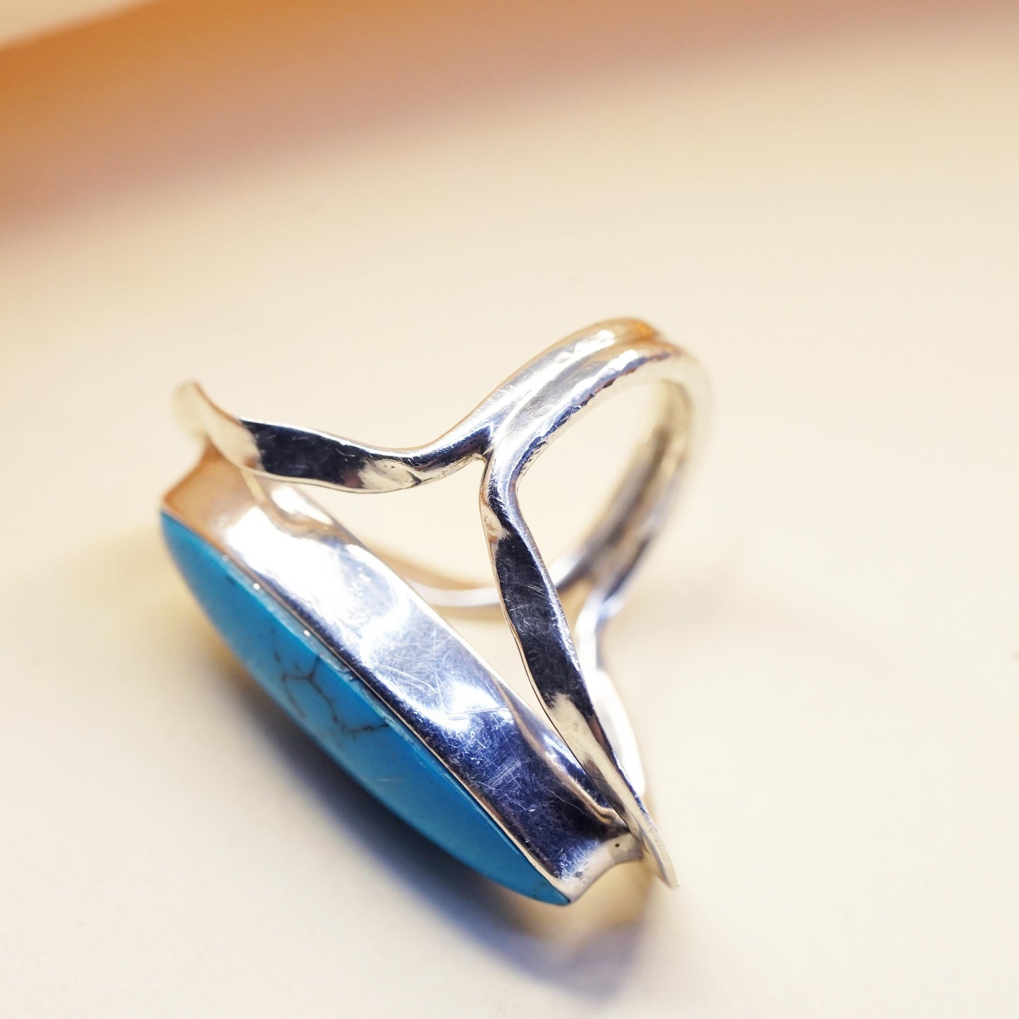Size 5, Vintage sterling silver ring, 925 statement band with oval turquoise