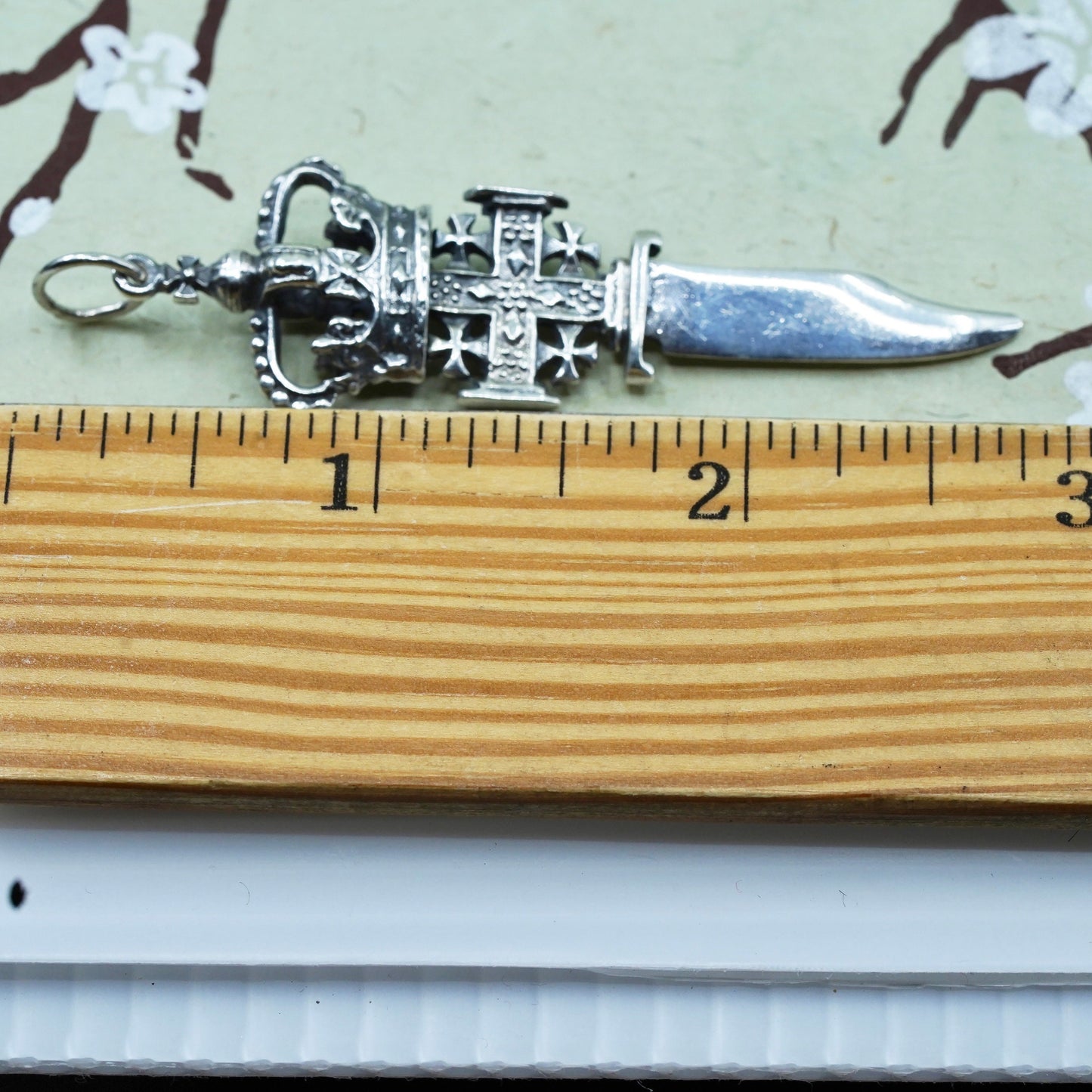 Vintage Sterling silver handmade pendant, 925 Christian crown dagger