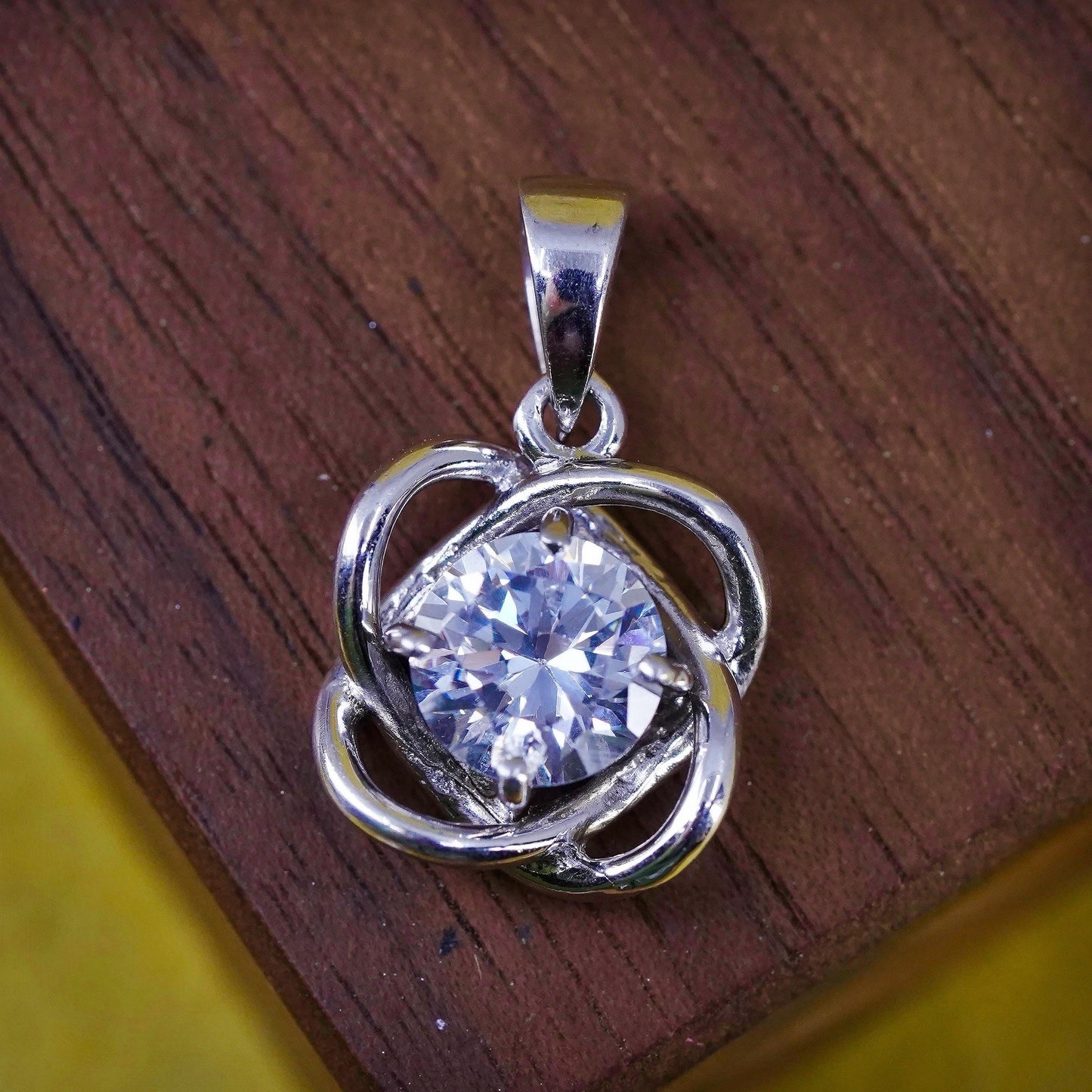 Vintage Sterling silver handmade flower pendant, 925 entwined charm with CZ