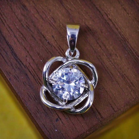 Vintage Sterling silver handmade flower pendant, 925 entwined charm with CZ