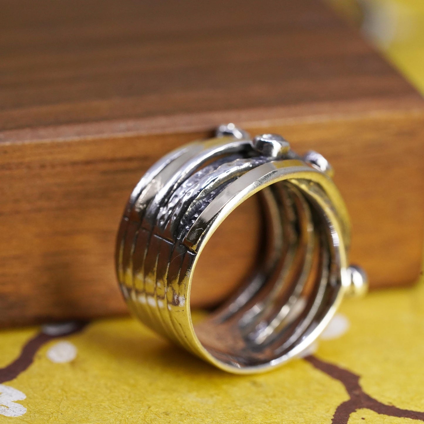 Size 8, vintage two tone Sterling 925 silver handmade wide ribbed ring with cz
