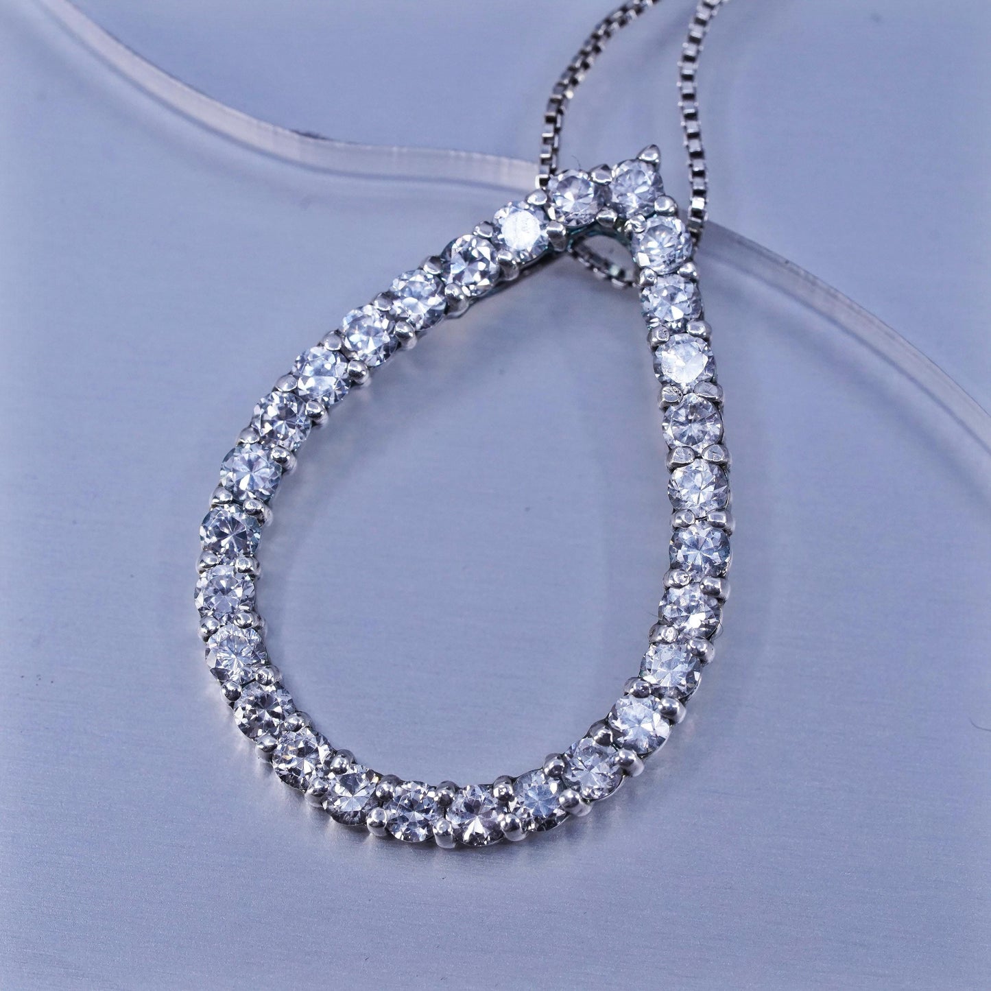 18”, vintage Sterling 925 silver handmade box necklace with teardrop cz pendant