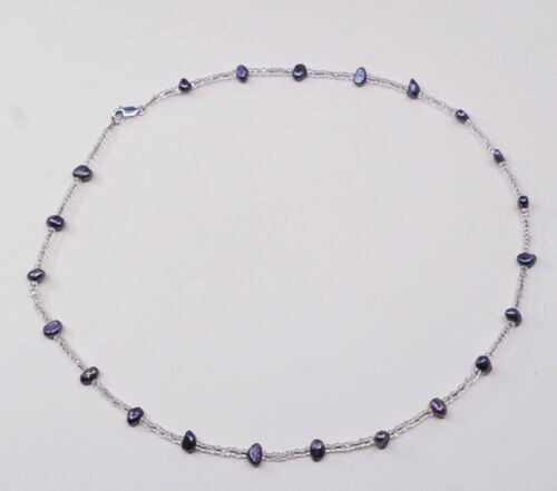23" Vtg Sterling 925 silver handmade necklace With Black Pearl N Crystal Beads
