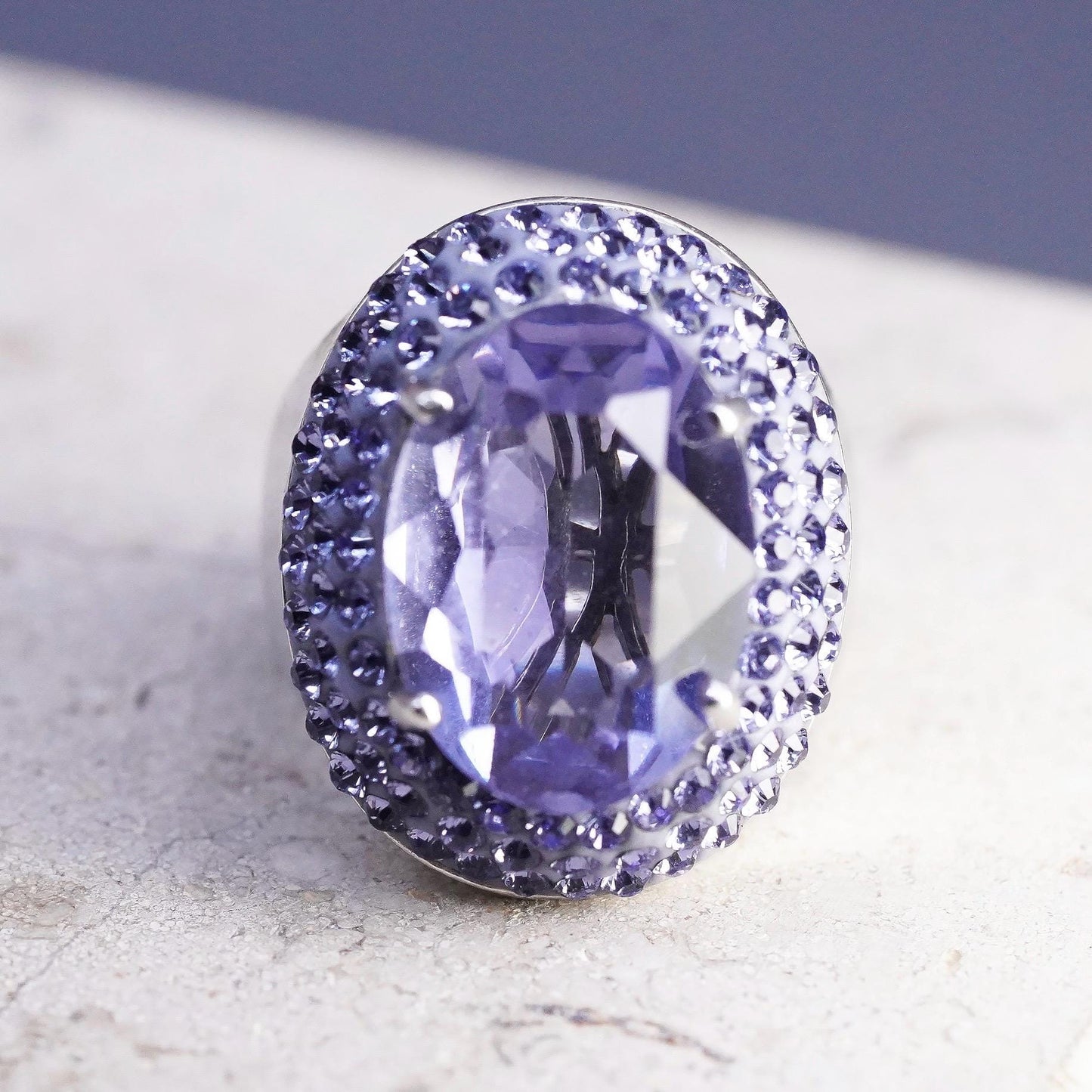 Size 7, vintage AU Sterling 925 silver Statement cocktail ring with amethyst Cz