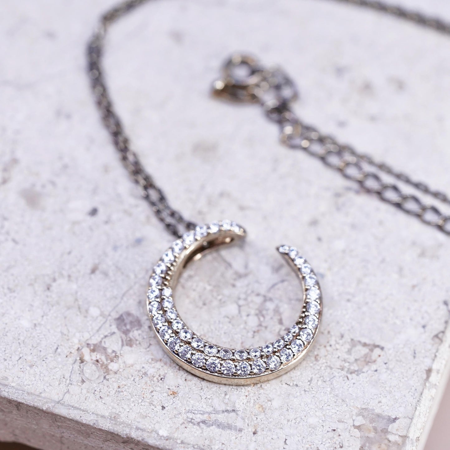 18+2", yellow gold plated Sterling 925 silver necklace cluster cz moon pendant