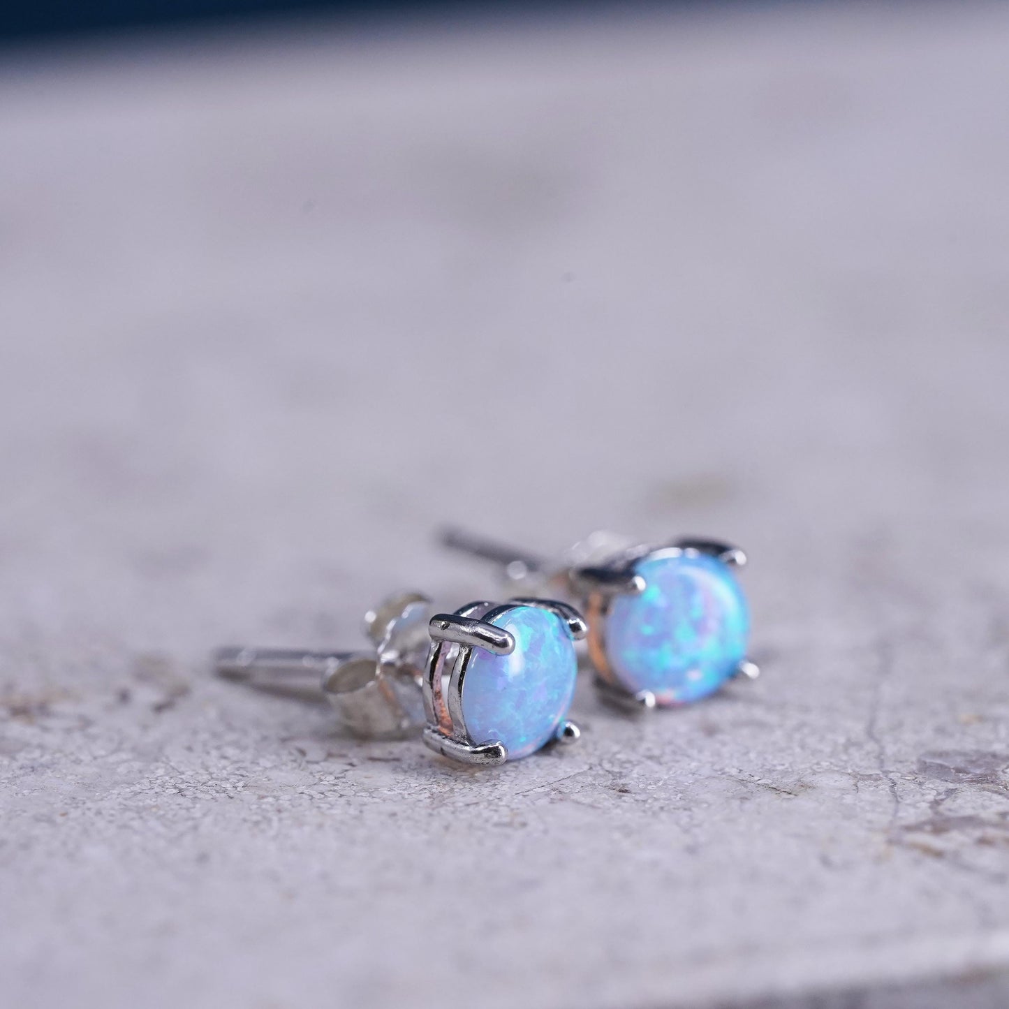 Vintage sterling silver handmade earrings, 925 round studs with opal