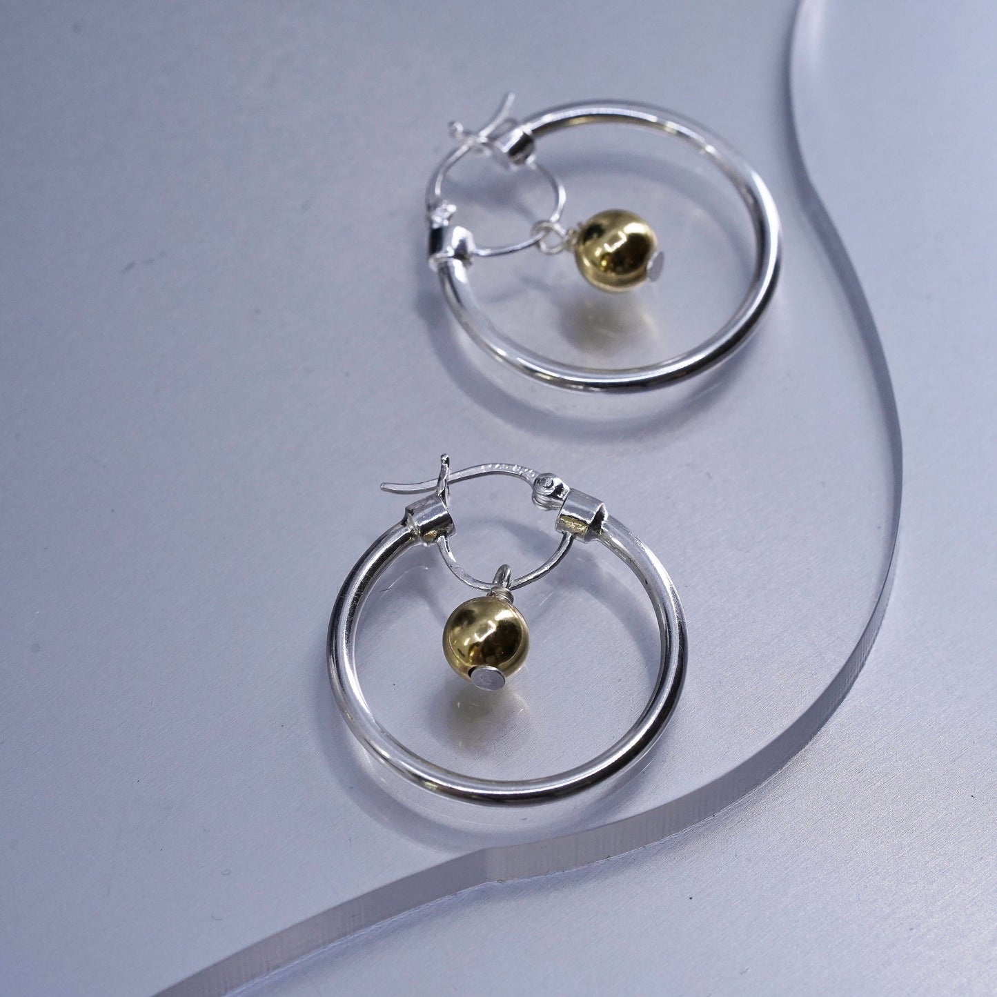1”, two tone Sterling silver earrings, 925 huggie hoops 14K gold filled beads