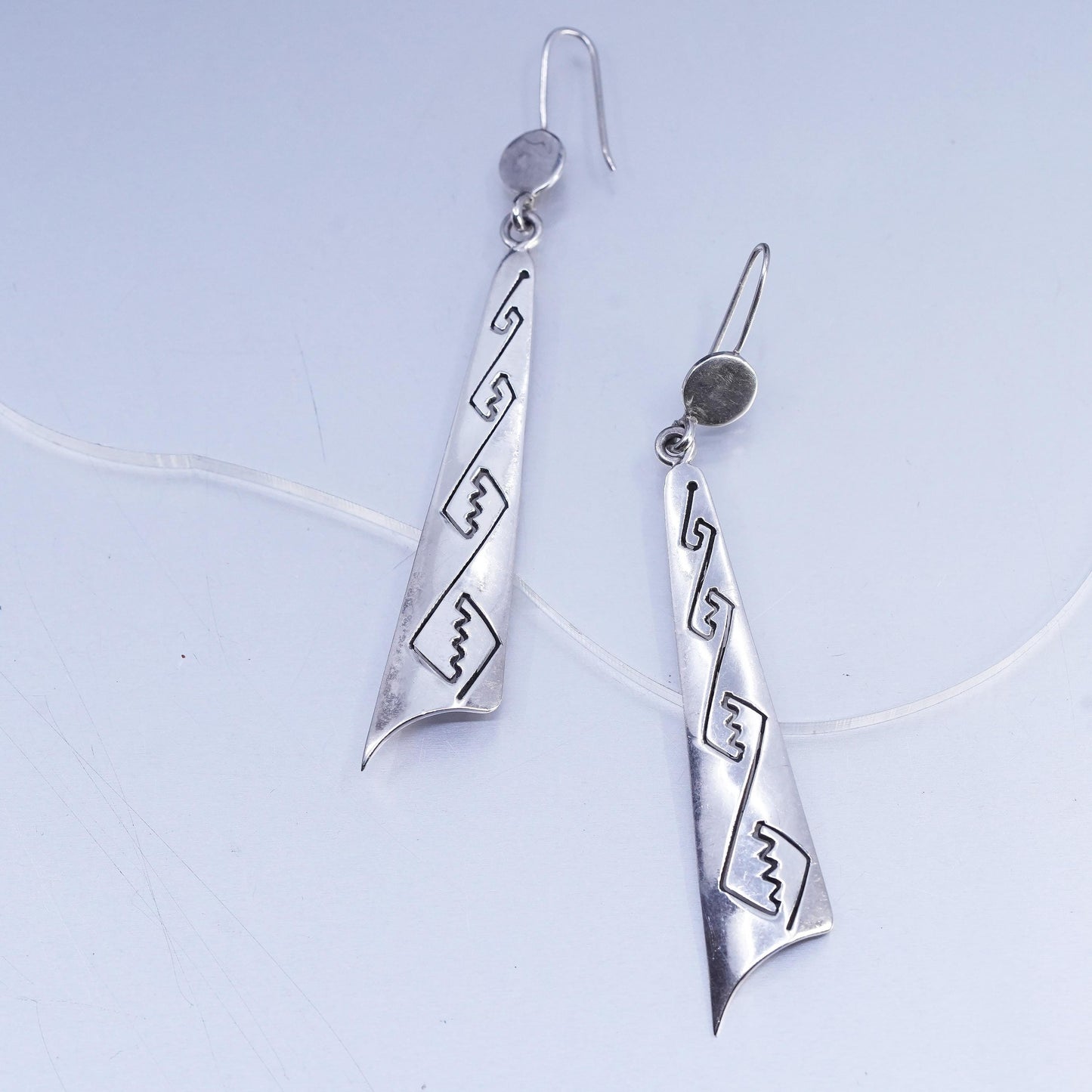 Vintage Mexican Sterling 925 silver handmade long earrings w/ Greek key cut out
