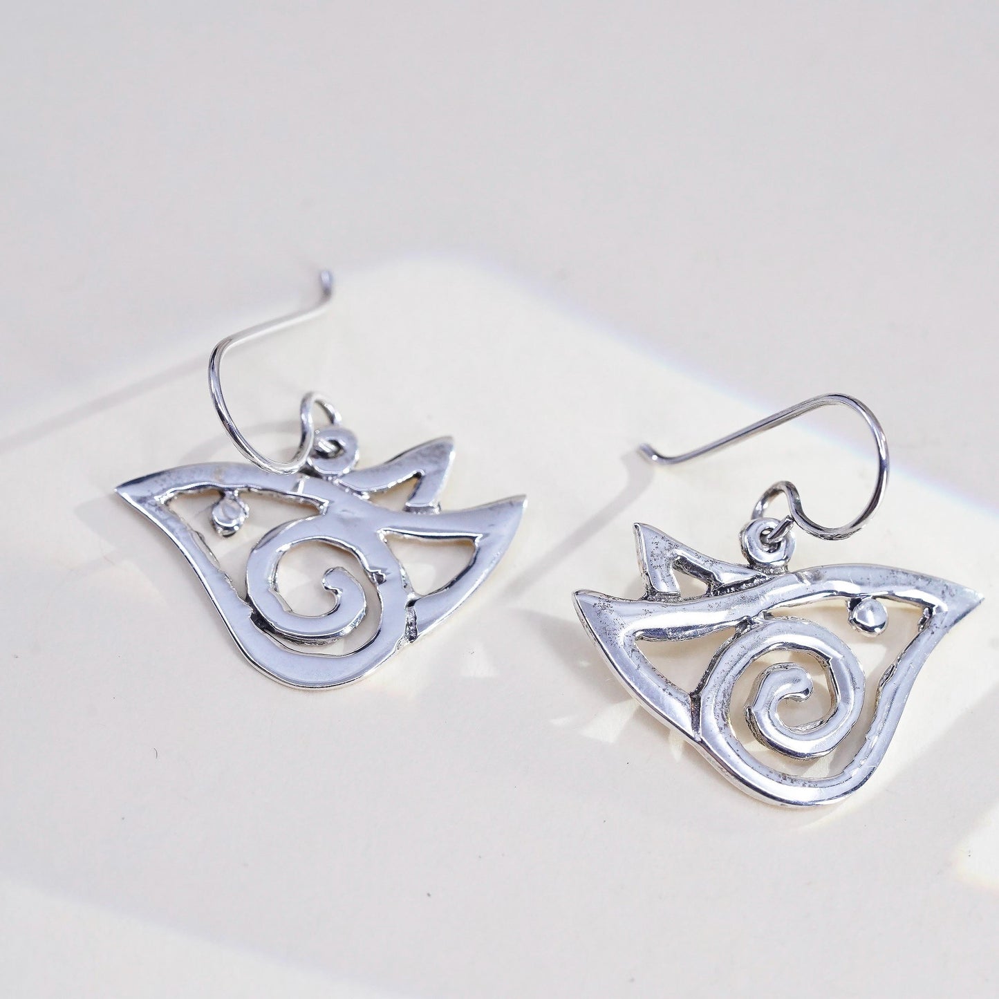 Vintage 925 Sterling Silver Abstract Bird Earrings, Artisan Openwork Dangles