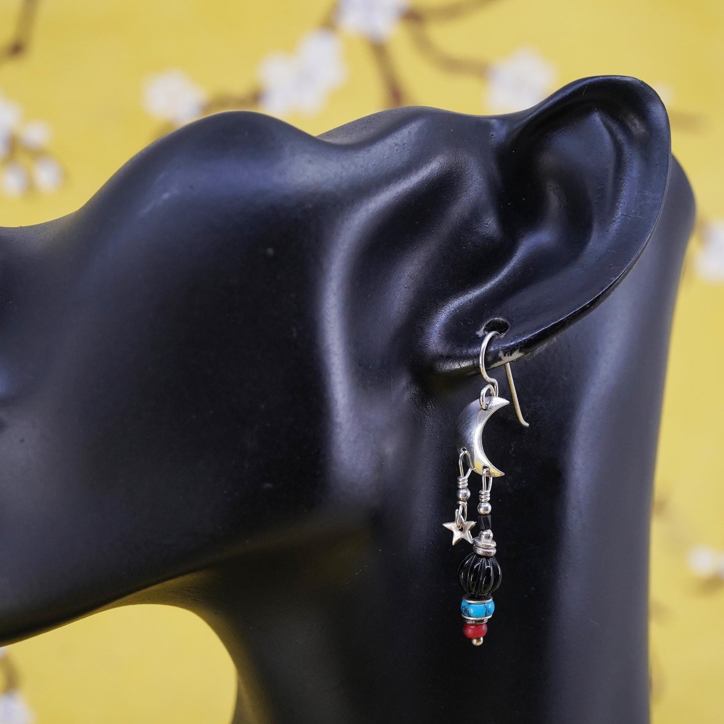 Native American Sterling 925 silver moon star earrings onyx turquoise