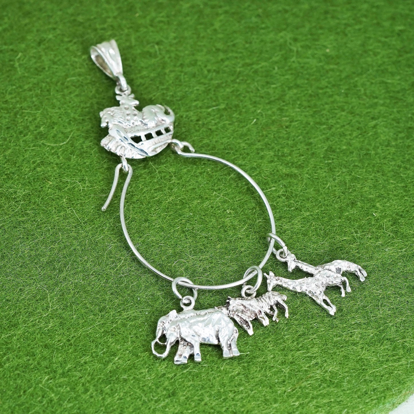 Vintage sterling silver pendant, 925 Noah’s Ark boat charm with zebra elephant