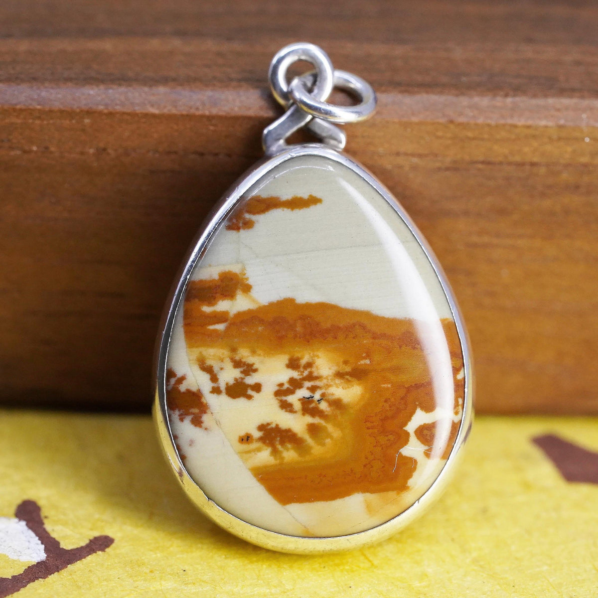 Vintage southwestern Sterling 925 silver teardrop pendant with landscape jasper
