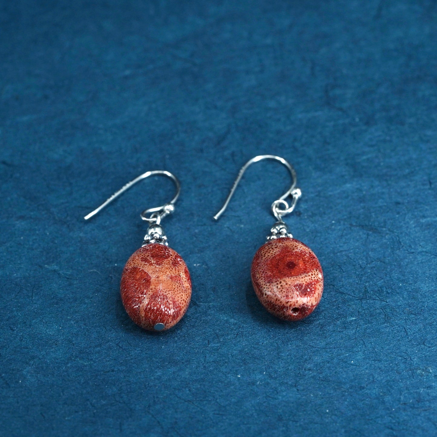 Sterling silver handmade earrings, 925 hooks with natural red coral dangles