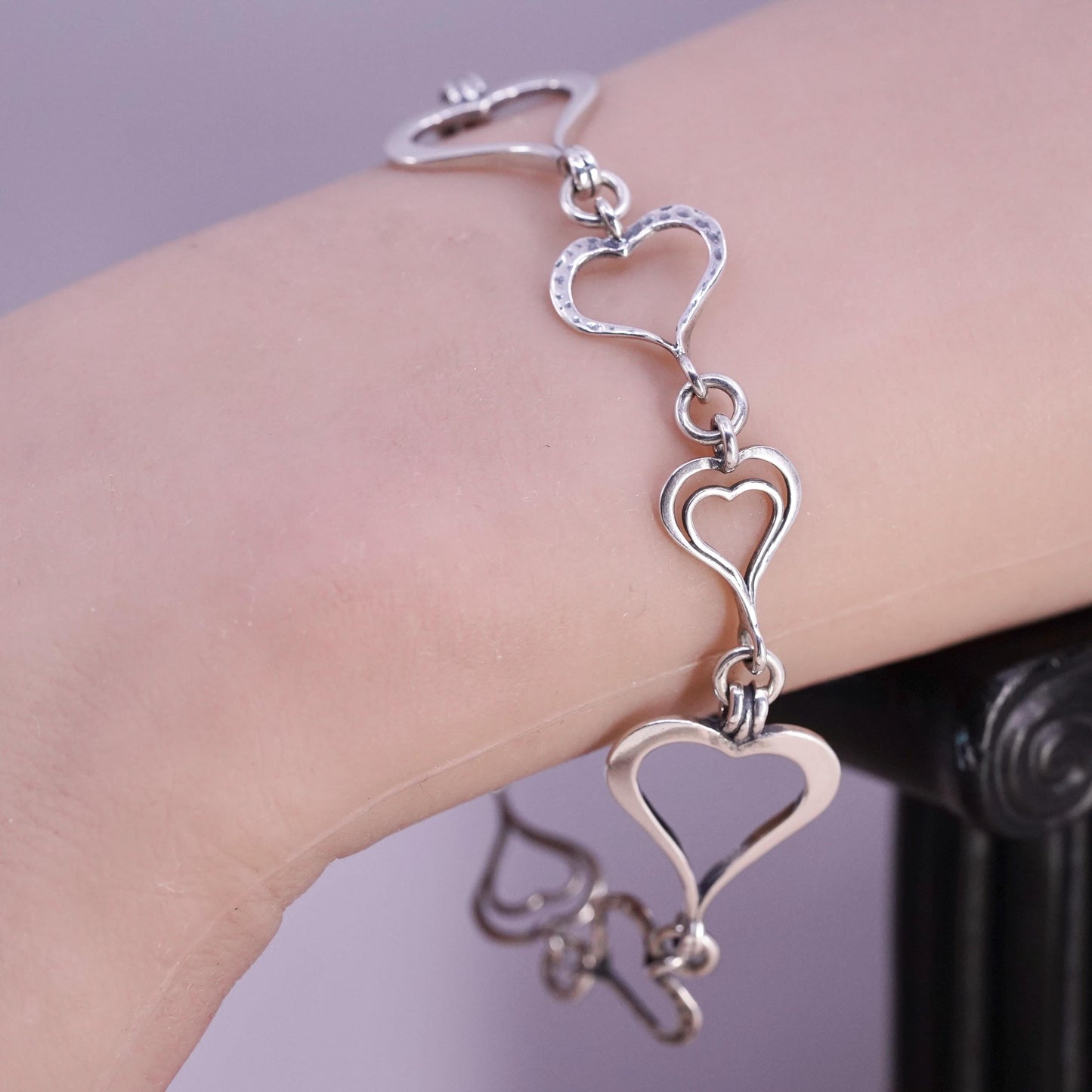 7.25”, vintage Sterling 925 silver handmade chain bracelet with heart links