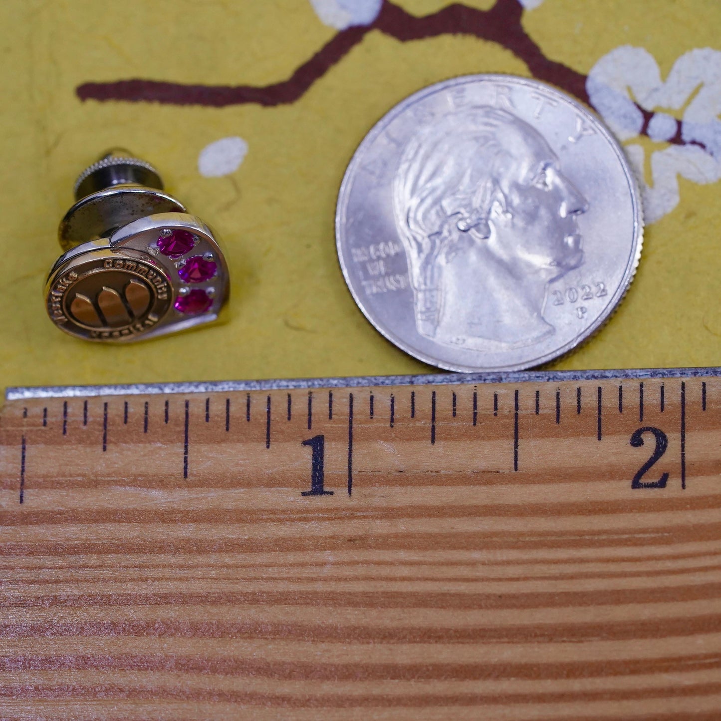 4.5g, Vintage two tone 14K Westlake Community Hospital heart pin ruby, antique
