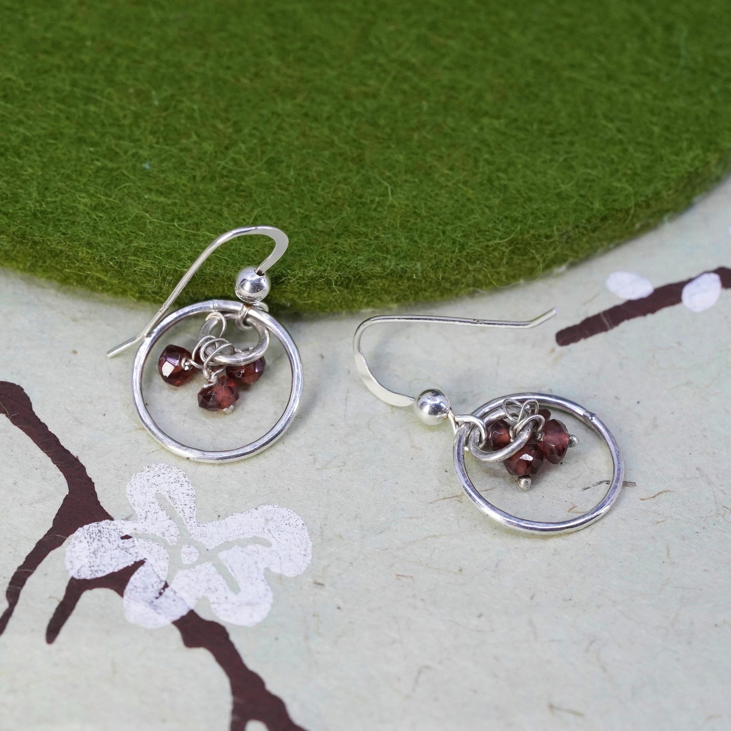 Vintage sterling 925 silver handmade chain earrings with garnet beads