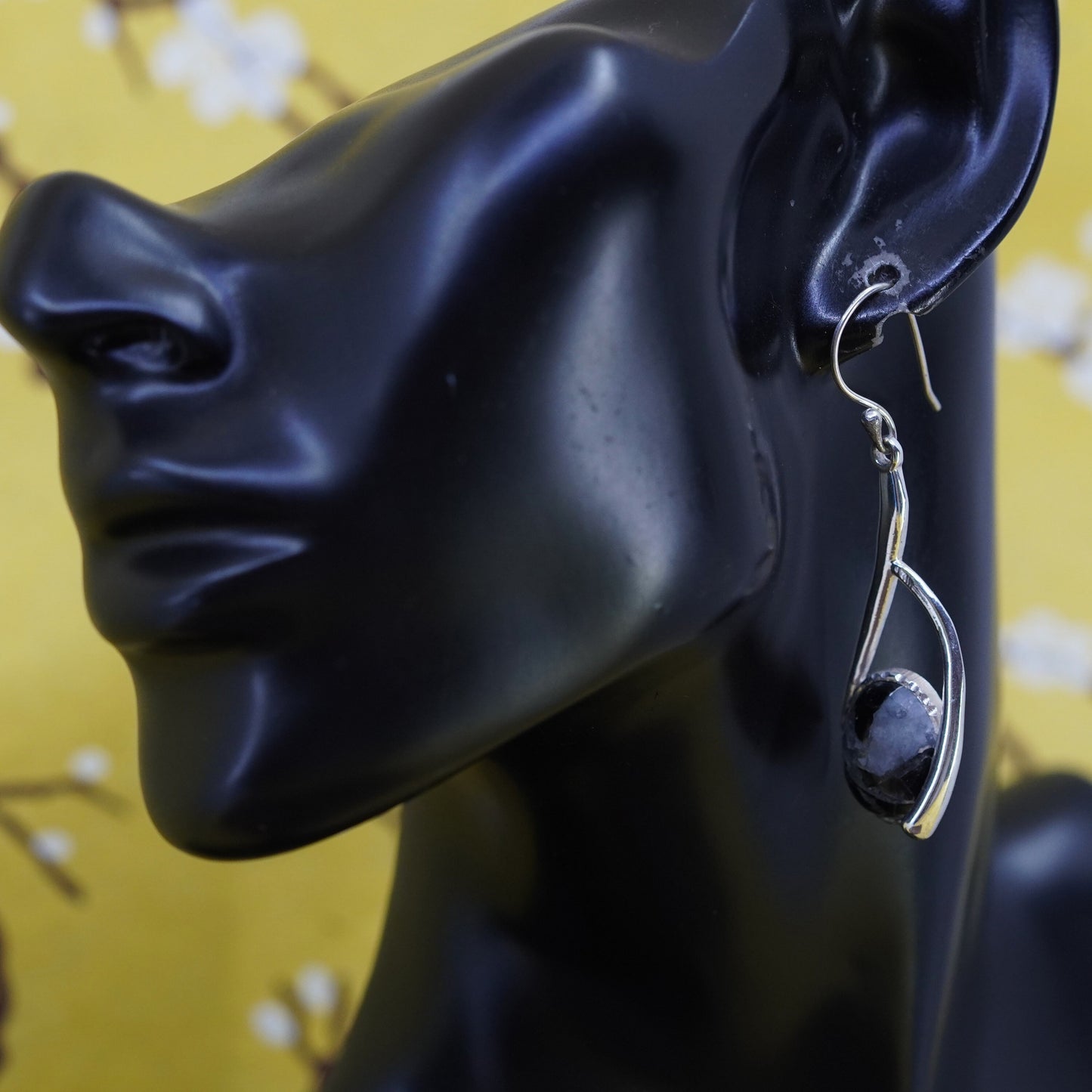 Vintage sterling silver 925 handmade earrings with larvikite inlay