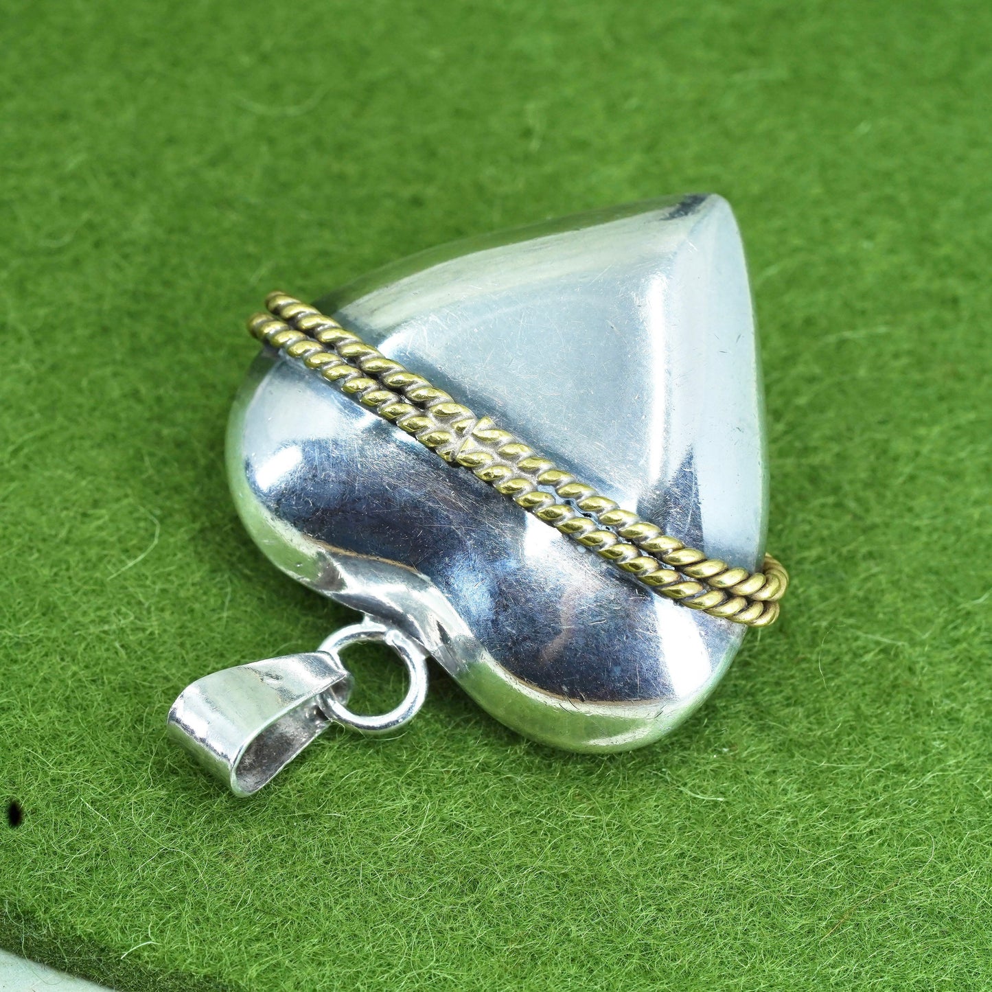 Vintage two tone sterling silver puffy heart w/ brass around, 925 charm pendant