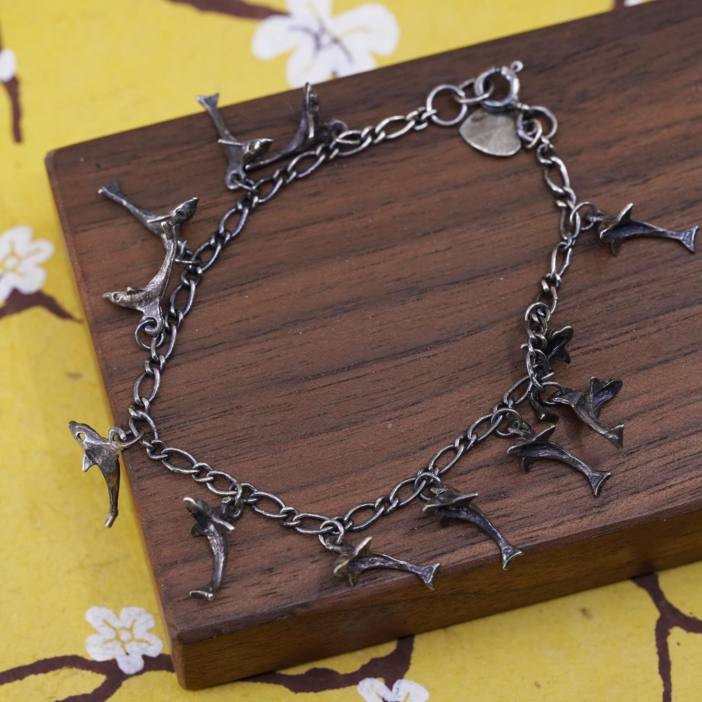 7”, vintage oxidized Sterling silver bracelet, 925 silver chain dolphin charms