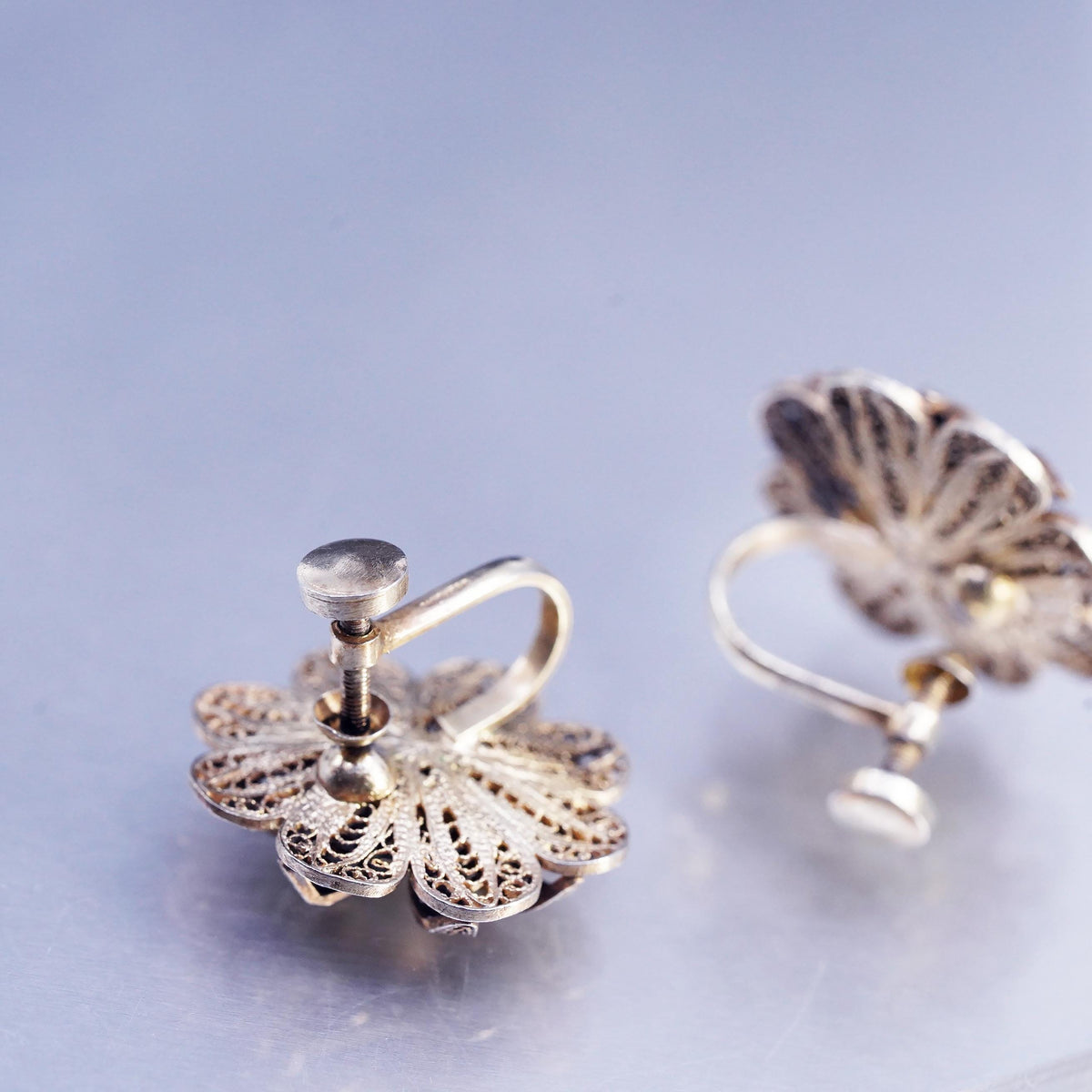 Vintage Vermeil Gold Over Sterling 925 Silver Filigree Screw Back Earrings Rose Flower