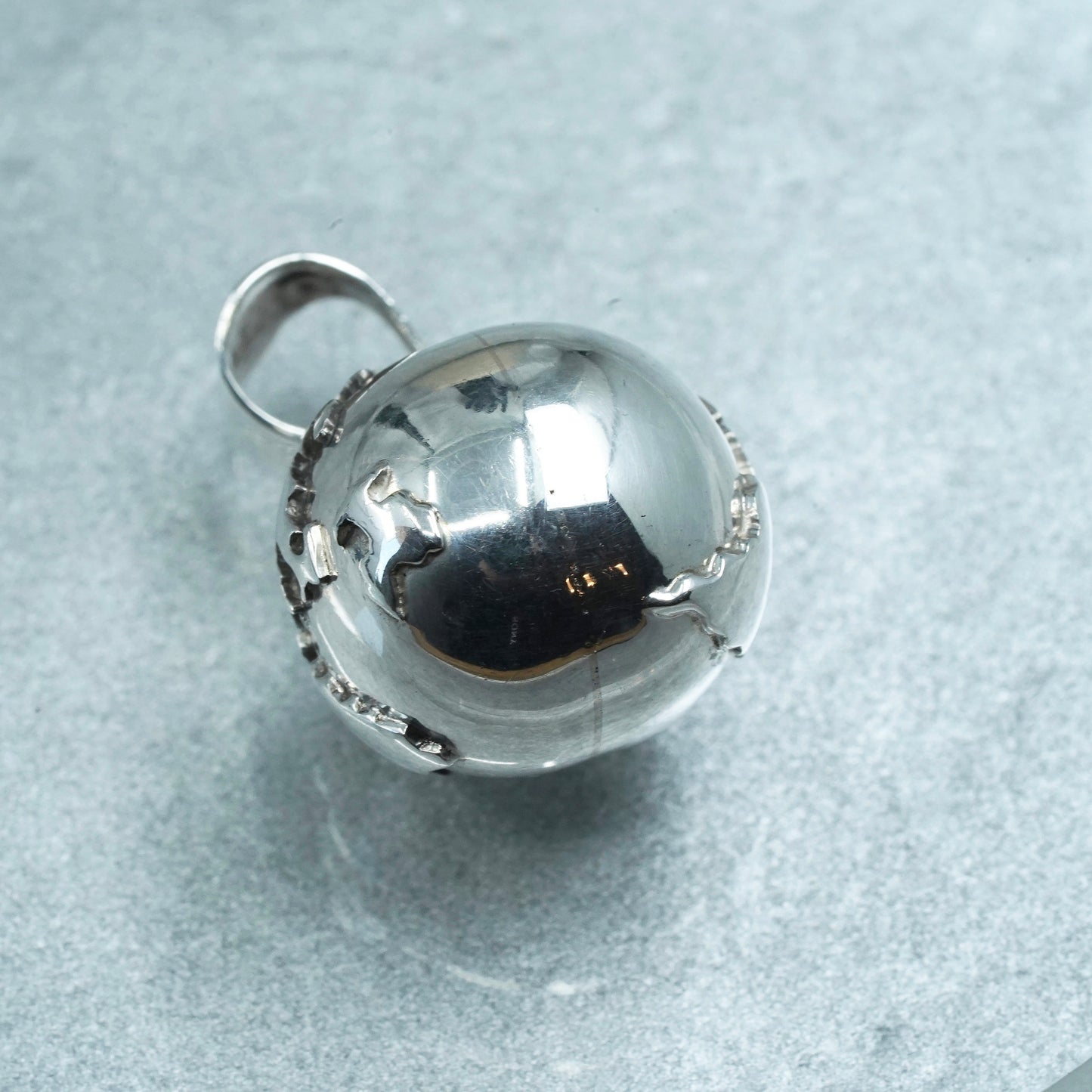 Vintage Mexican Sterling 925 silver chime harmony ball, 925 bell with world map