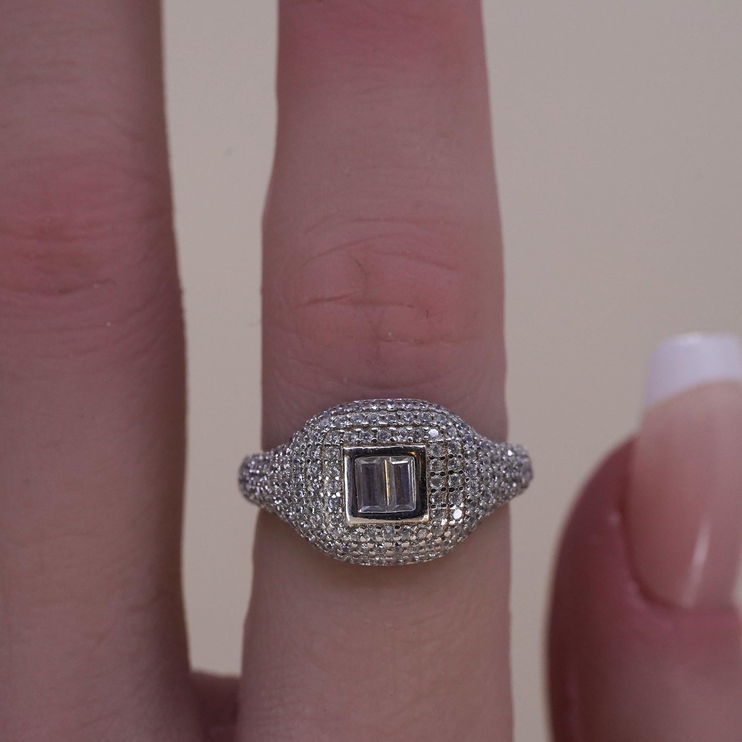 Size 5.75, Vintage Sterling silver ring, 925 silver cluster CZ, engagement ring