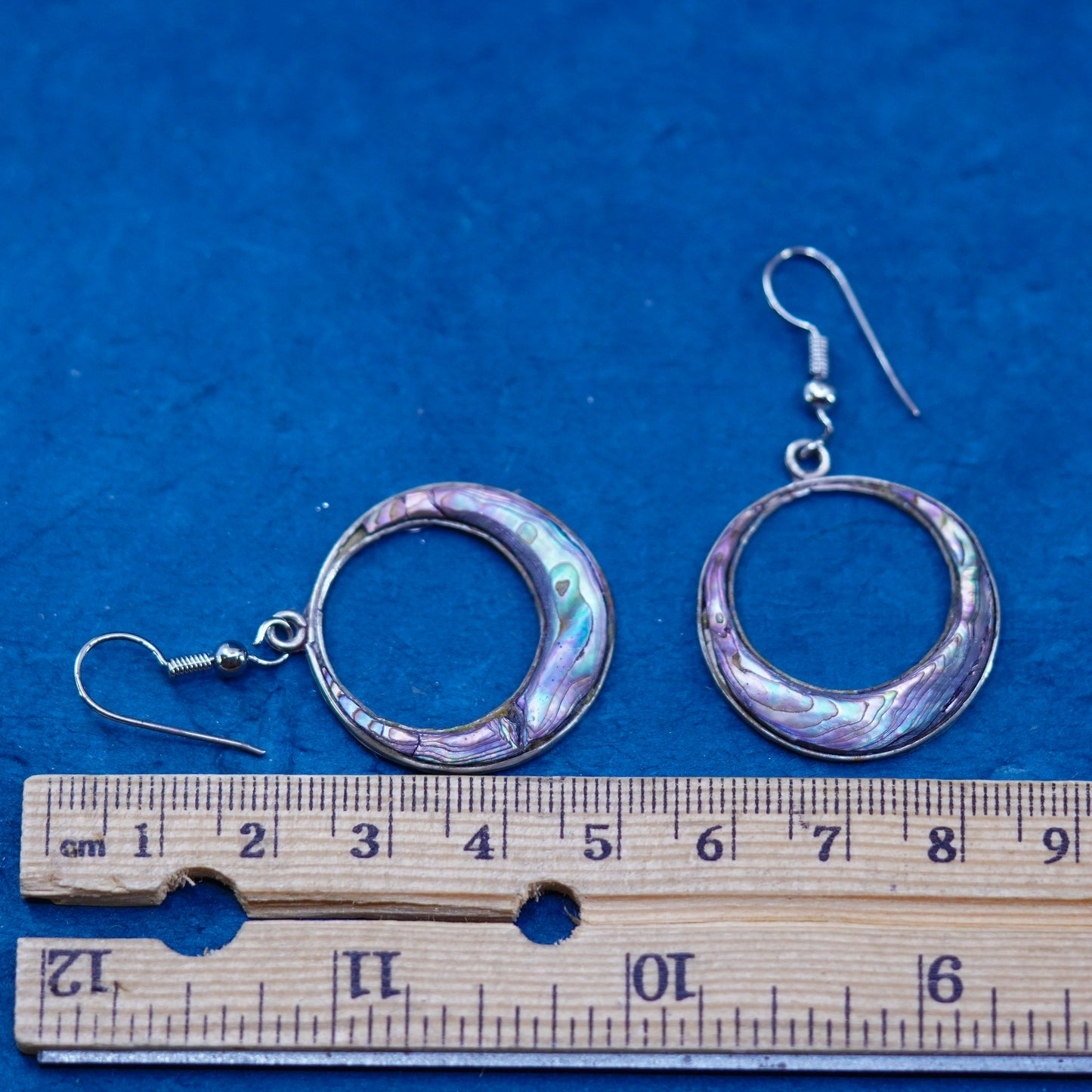 Vintage Mexico sterling silver 925 handmade circle hoop earrings abalone Inlay
