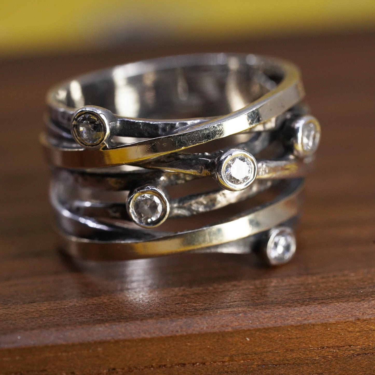Size 8, vintage two tone Sterling 925 silver handmade wide ribbed ring with cz