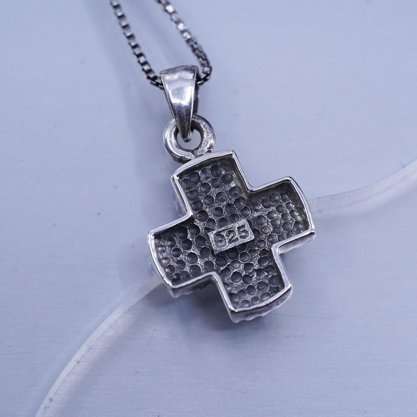 18”, Vintage Sterling silver necklace, box chain with 925 beaded cross pendant