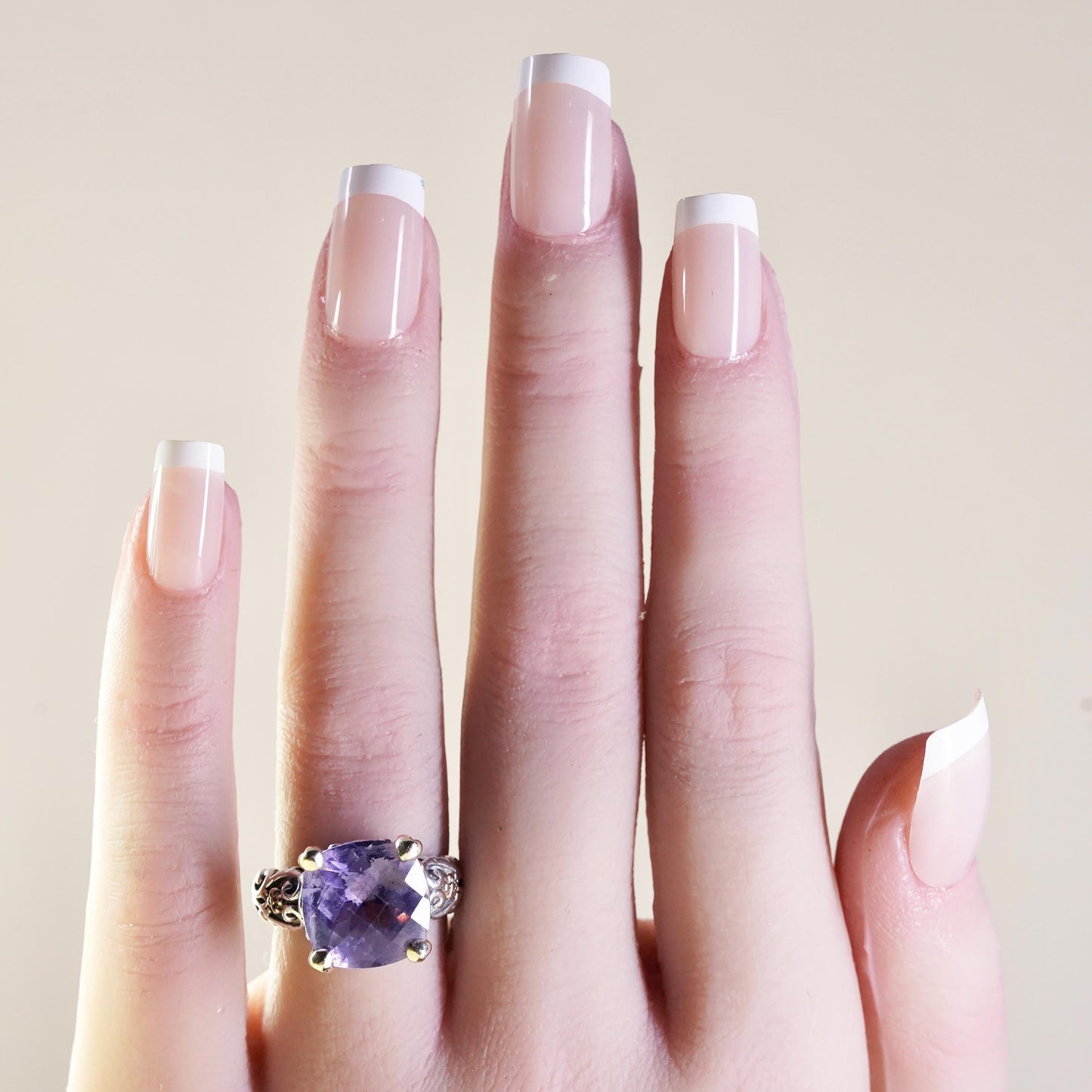 Size 7, two tone Sterling silver textured ring amethyst 14K yellow gold beads