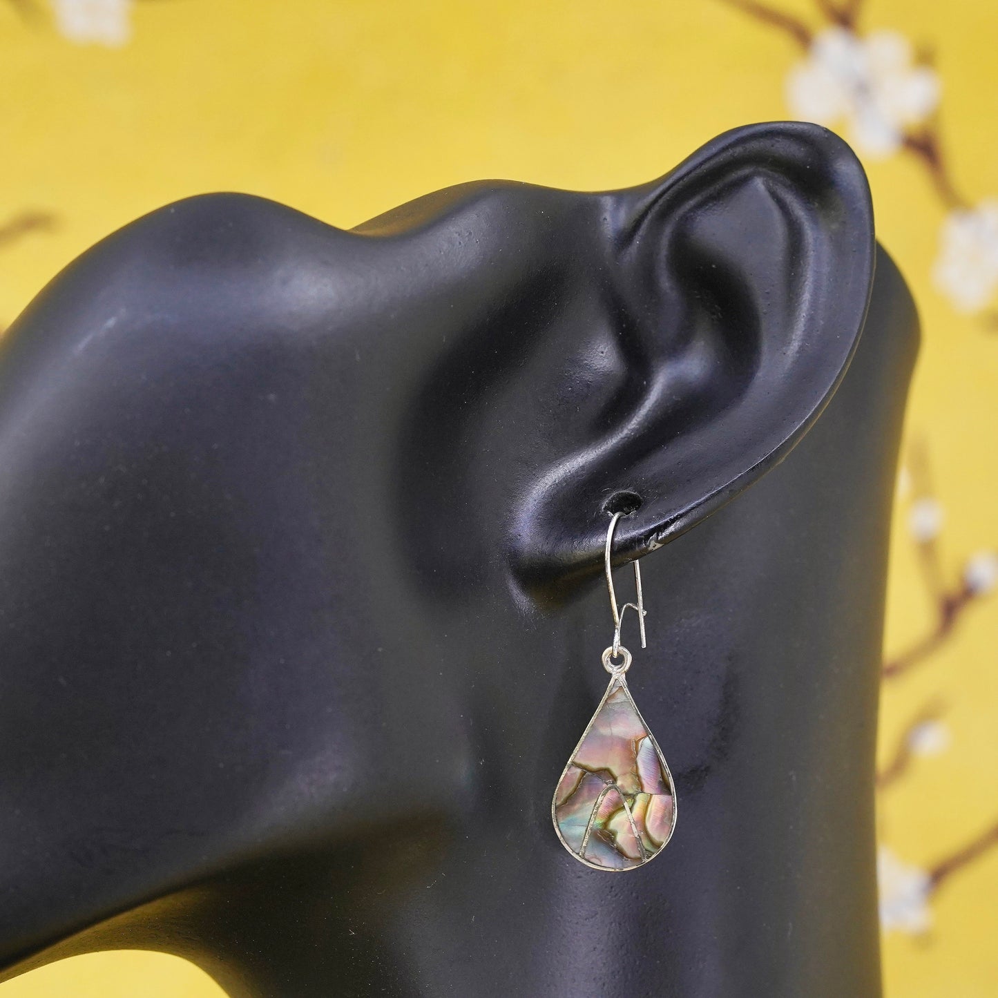 Vintage Sterling silver handmade earrings, 925 teardrop dangle with abalone