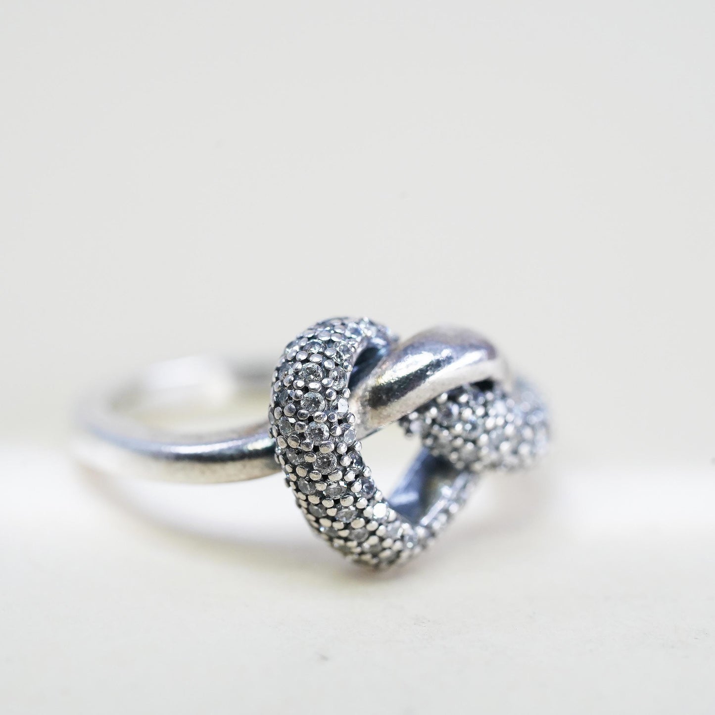 Size 4.25, VTG ALE Pandora Sterling 925 silver ring cluster cz knotted heart